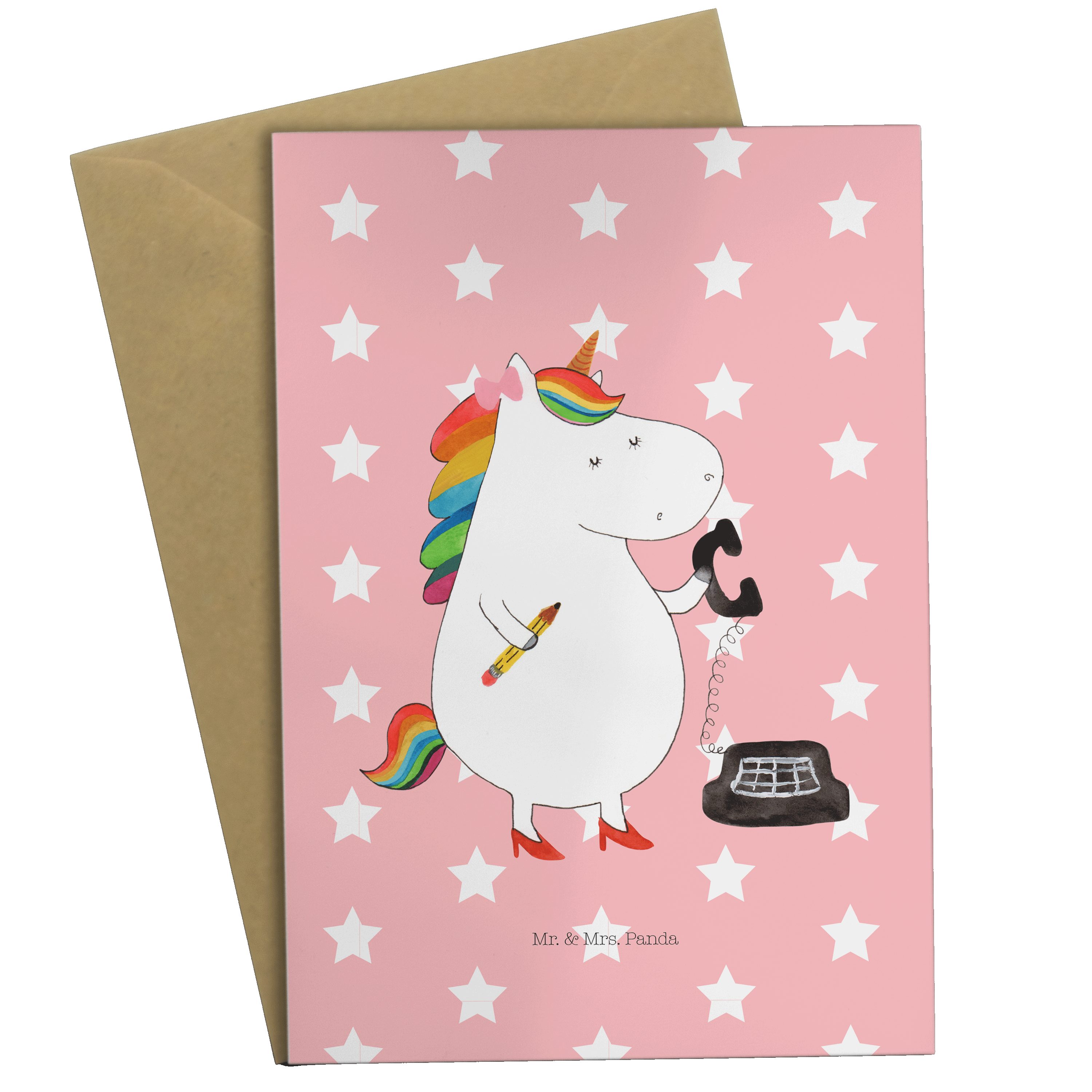 Mr. & Mrs. Panda Grußkarte Einhorn Sekretärin - Rot Pastell - Geschenk, Pegasus, Einhorn Deko, U