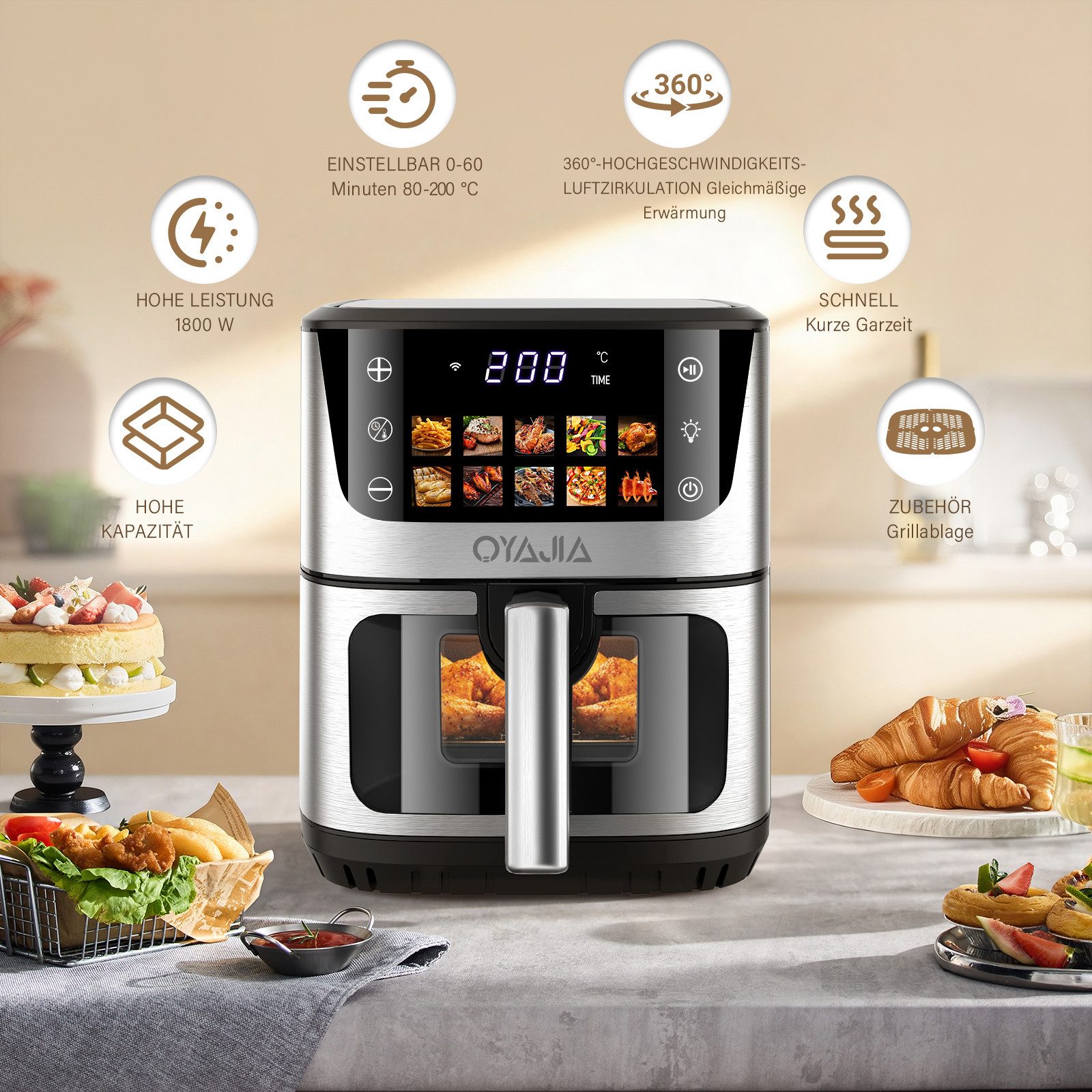 oyajia Heißluftfritteuse 9 Liter XXL Air Fryer, 10in1 Heißluftfritteuse, Farb-LED-Display mit Sensor-Touch Bedienung, fettfreie Zubereitung, inkl. Timer, platzsparend, spülmaschinenfester Korb, 1800,00 W, Heißluftfritteuse ohne Öl, Warmhaltefunktion