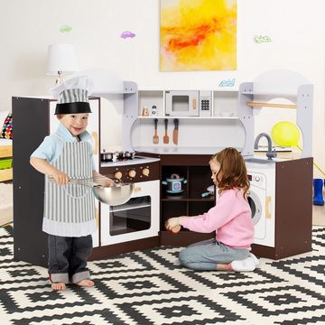 KOMFOTTEU Spielküche MDF, Buchenholz, Kunststoff, Polyester, Eck Spielküche aus Holz, Rollenspielküche für Kinder ab 3 Jahren