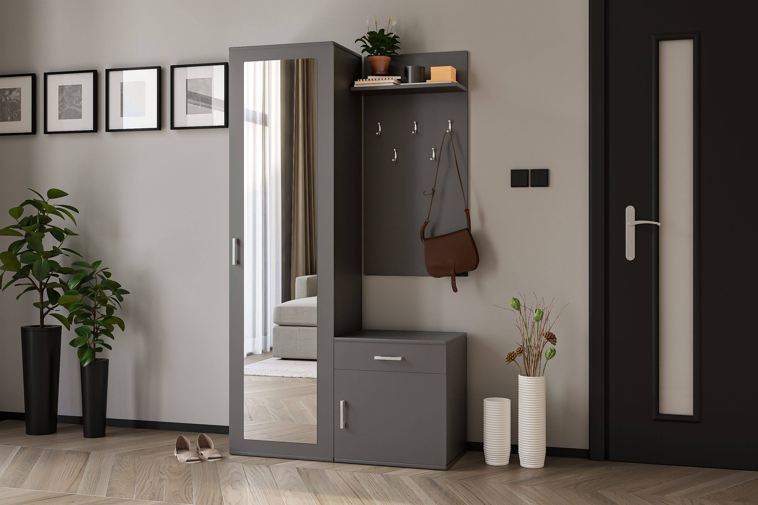 WFL GROUP Kompaktgarderobe Talia Flurgarderobe mit Spiegel, Schublade, Haken & Kleiderstange (100 cm Breit) Universell montierbar Garderobenschrank für Diele & Eingang