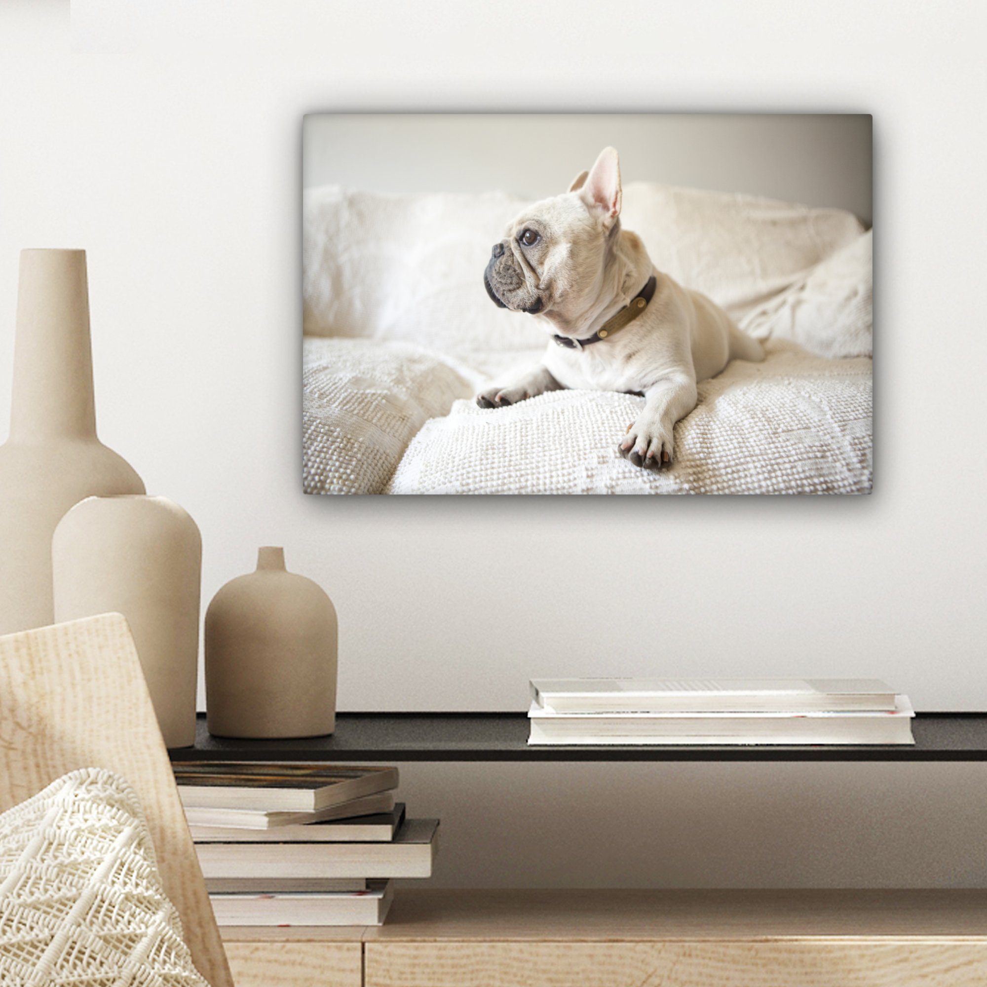 (1 Wanddeko, weiß cm Aufhängefertig, St), Leinwandbild OneMillionCanvasses® Bank, Leinwandbilder, Bulldogge Wandbild - - 30x20 Französische