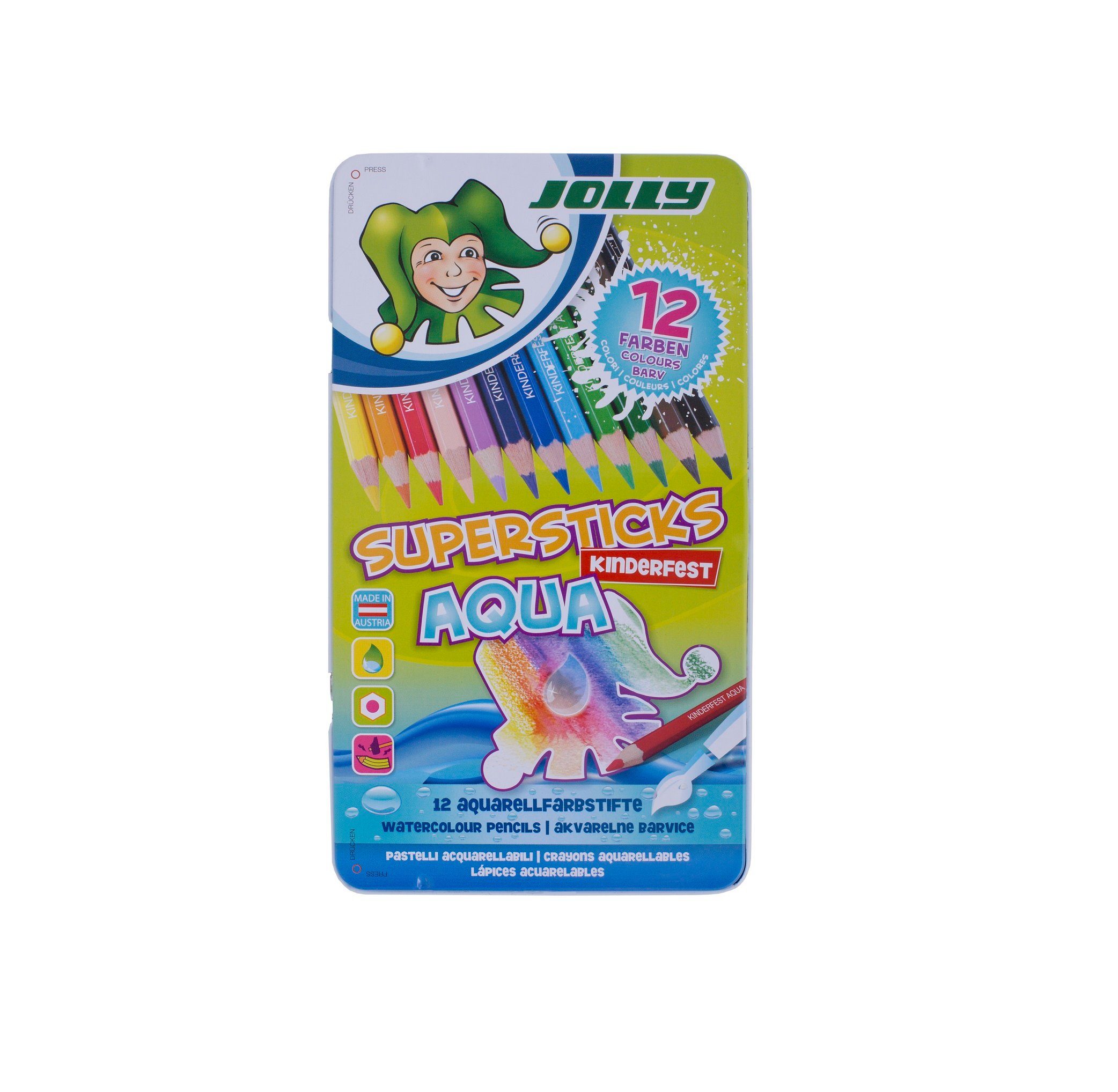JOLLY Aquarellstifte Supersticks AQUA 12er Set - wasservermalbare Buntstifte für Künstler, für tolle Aquarelleffekte im Metall-Etui - Made in Austria