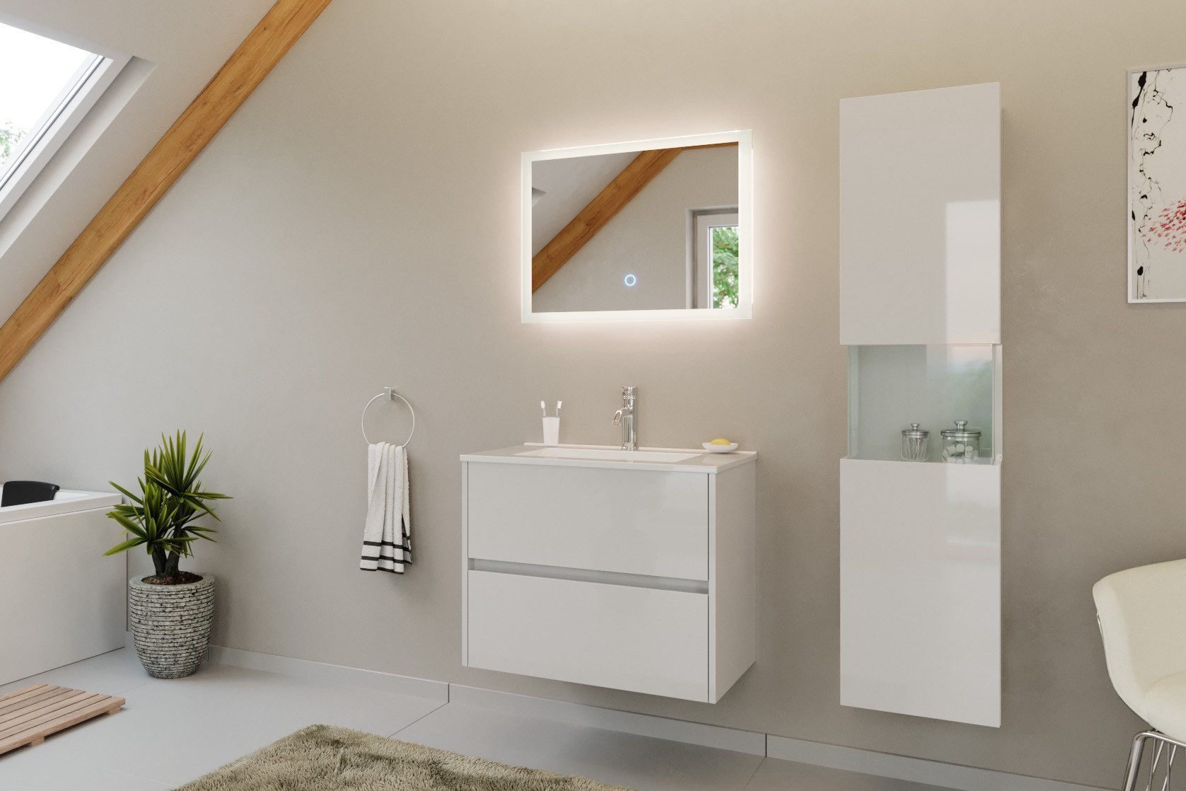 Magnolia Home Badmöbel-Set Badmöbel Set Taifun 3tlg. 70cm mit LED Spiegel & Hochschrank weiß Hgl