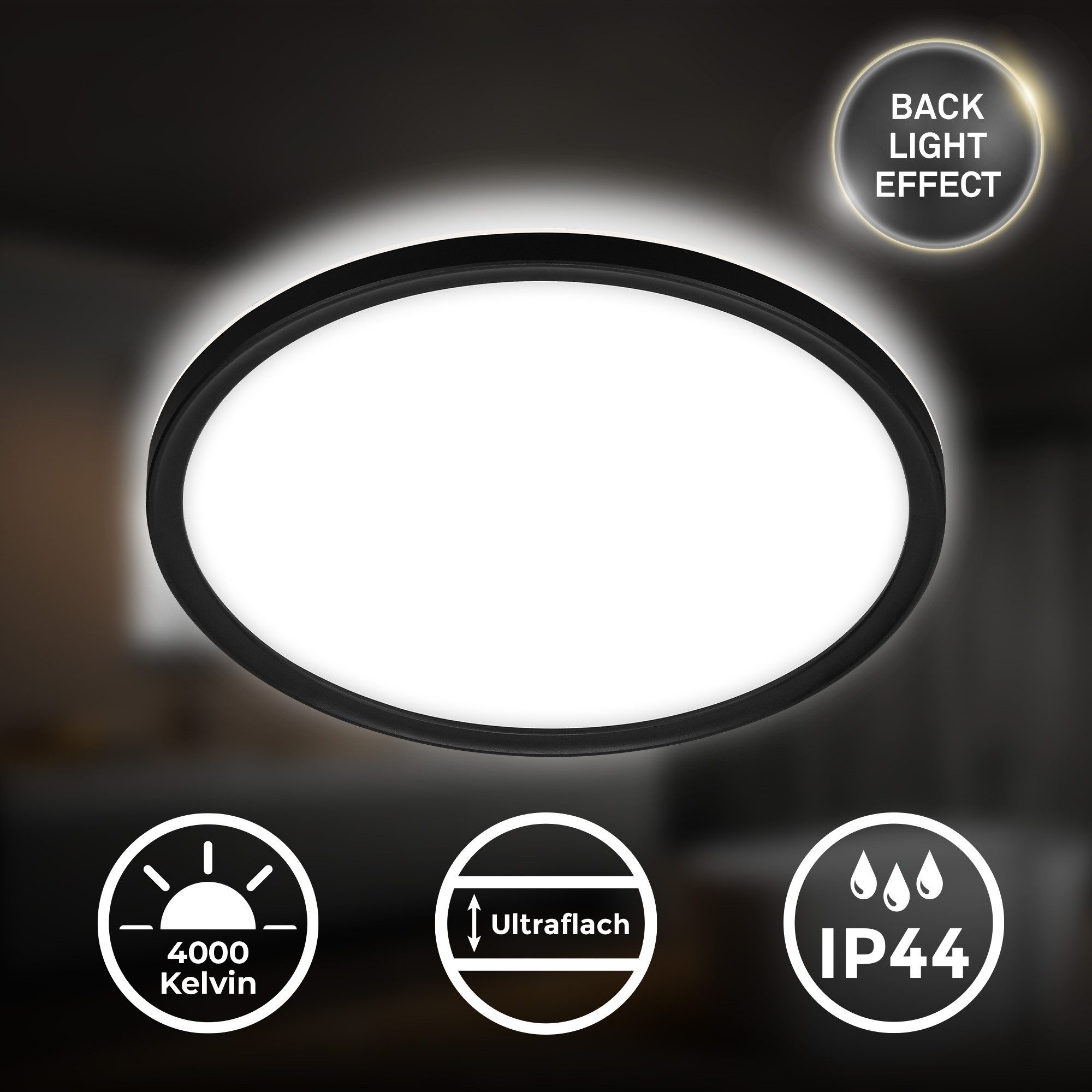 Briloner Leuchten LED Panel Deckenlampe Deckenleuchte Backlight-Effekt Badezimmer IP44, LED fest integriert, 4000K