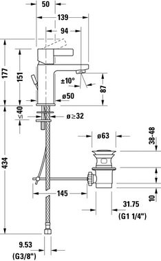 Duravit Waschtischarmatur D-Neo Waschtischmischer, Größe S, mit Zugstangen-Ablaufgarnitur mit FreshStart, AquaControl und AirPlus, Ausladung 9,4 cm, Chrom