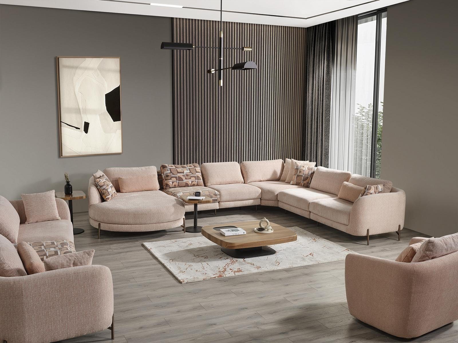 JVmoebel Wohnzimmer-Set Wohnzimmer Set 6tlg Garnitur Ecksofa U-Form Holz Couchtisch Luxus, (10-St., Ecksofa, Sofa, Sessel, 2x Beistelltisch, Couchtisch), Made in Europa