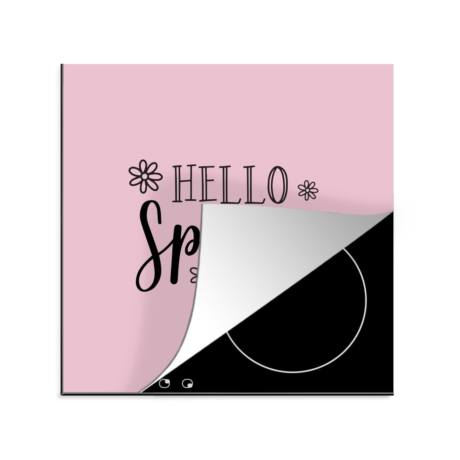 MuchoWow Herdblende-/Abdeckplatte Frühlingszitat "Hallo Frühling" auf einem rosa Hintergrund, Vinyl, (1 tlg), 78x78 cm, Ceranfeldabdeckung, Arbeitsplatte für küche
