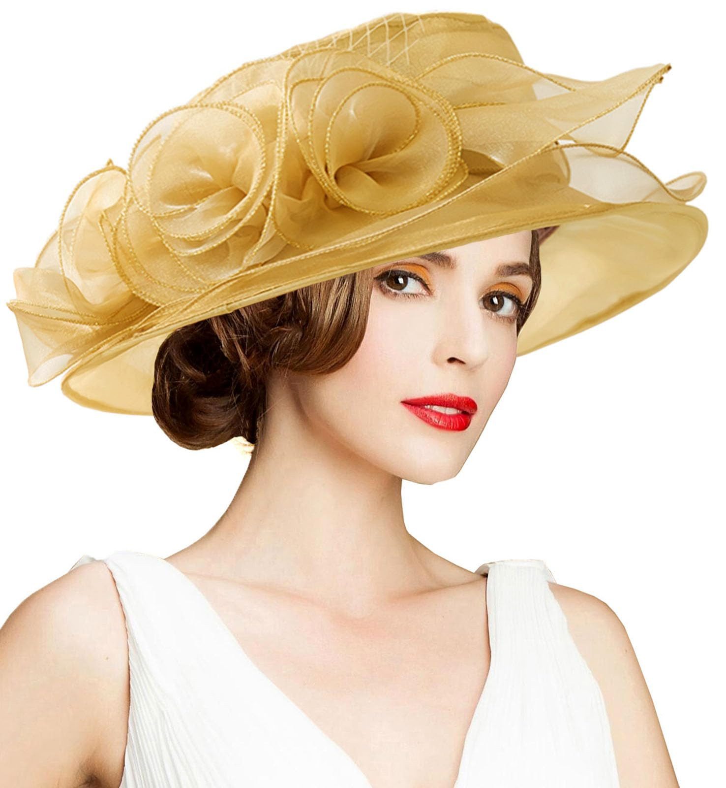 Bwecuy Sonnenhut Damenhut mit breiter Krempe, Blumen- und Blattdekor ideal für Hochzeit, Kirche und Tea Party – Bild 3 von 5