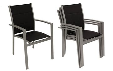 DEGAMO Garten-Essgruppe BAGO 5-teilig, 4x Stapelsessel, 1x Ausziehtisch 120/162x70cm, Aluminium silbergrau