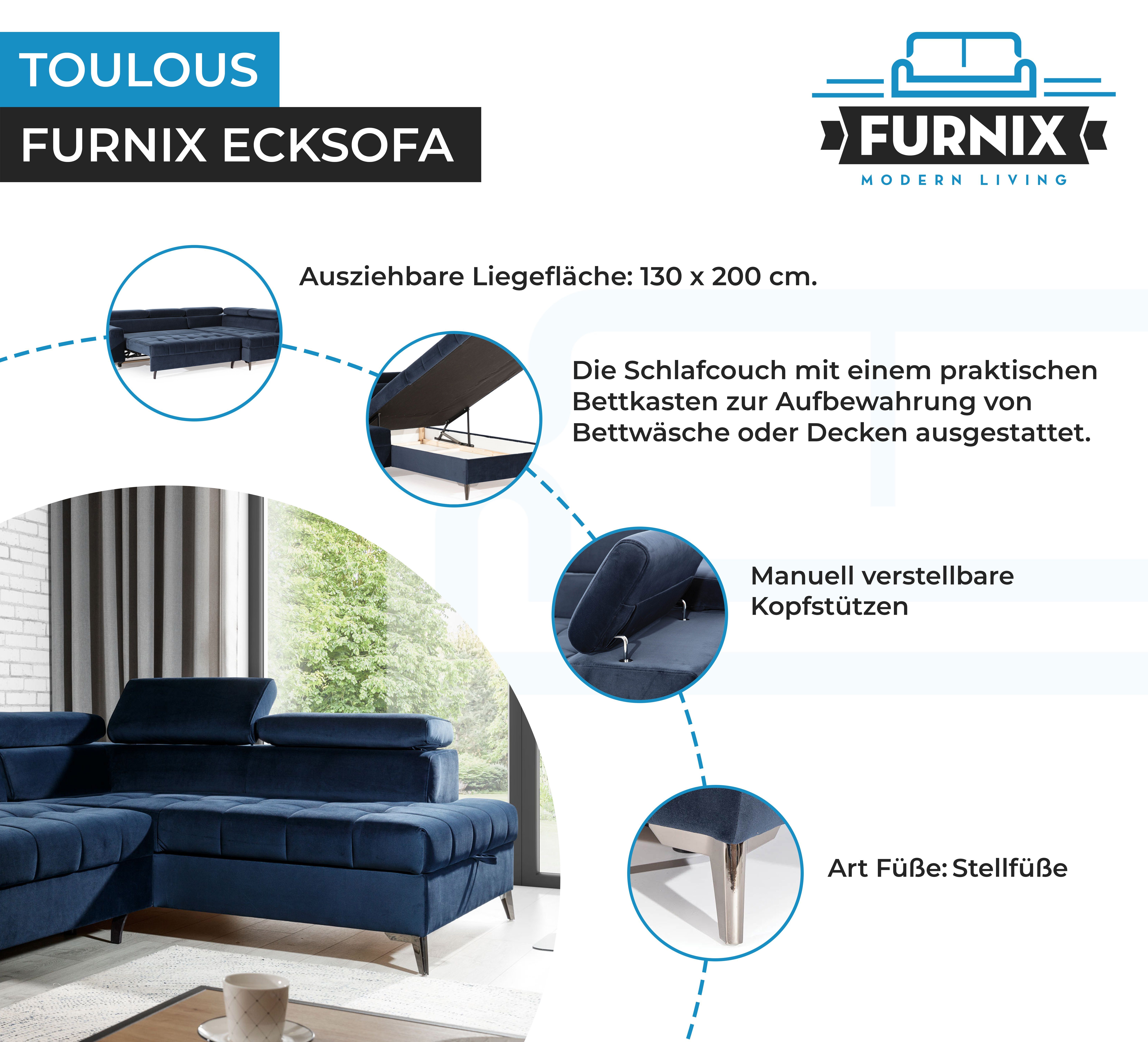 Sofa TOULOUS Automat H95 B275 Dunkelblau B200 Ecksofa x x Auswahl, Schlaffunktion mit Furnix cm hochwertige DL Maße: Verarbeitung