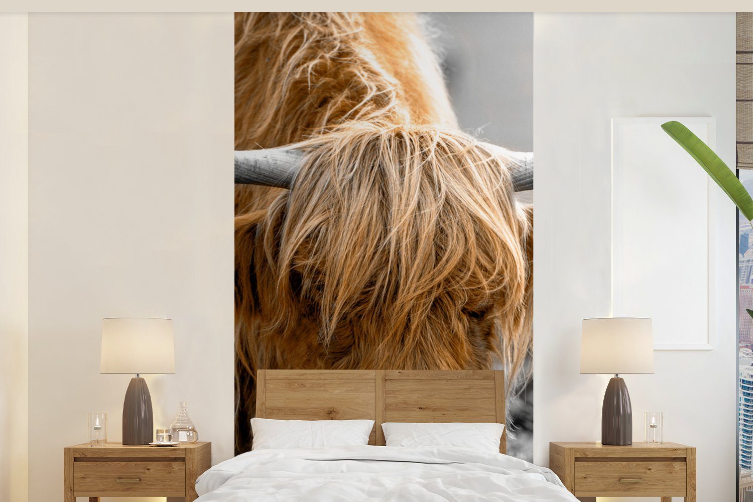 MuchoWow Fototapete Scottish Highlander - Pflanzen - Schwarz - Weiß, Matt, bedruckt, (2 St), Vliestapete für Wohnzimmer Schlafzimmer Küche, Fototapete