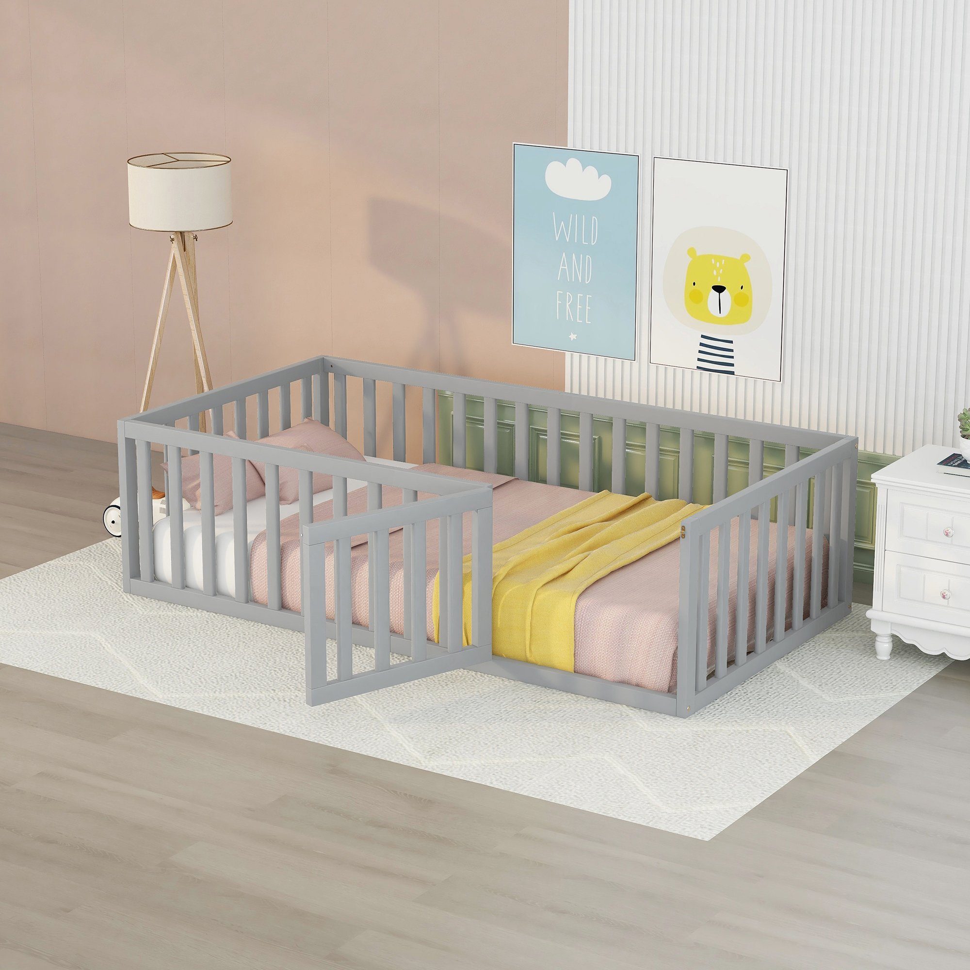 Kinderbett Babybett Holzboden Bettrahmen mit Zaun und Tür