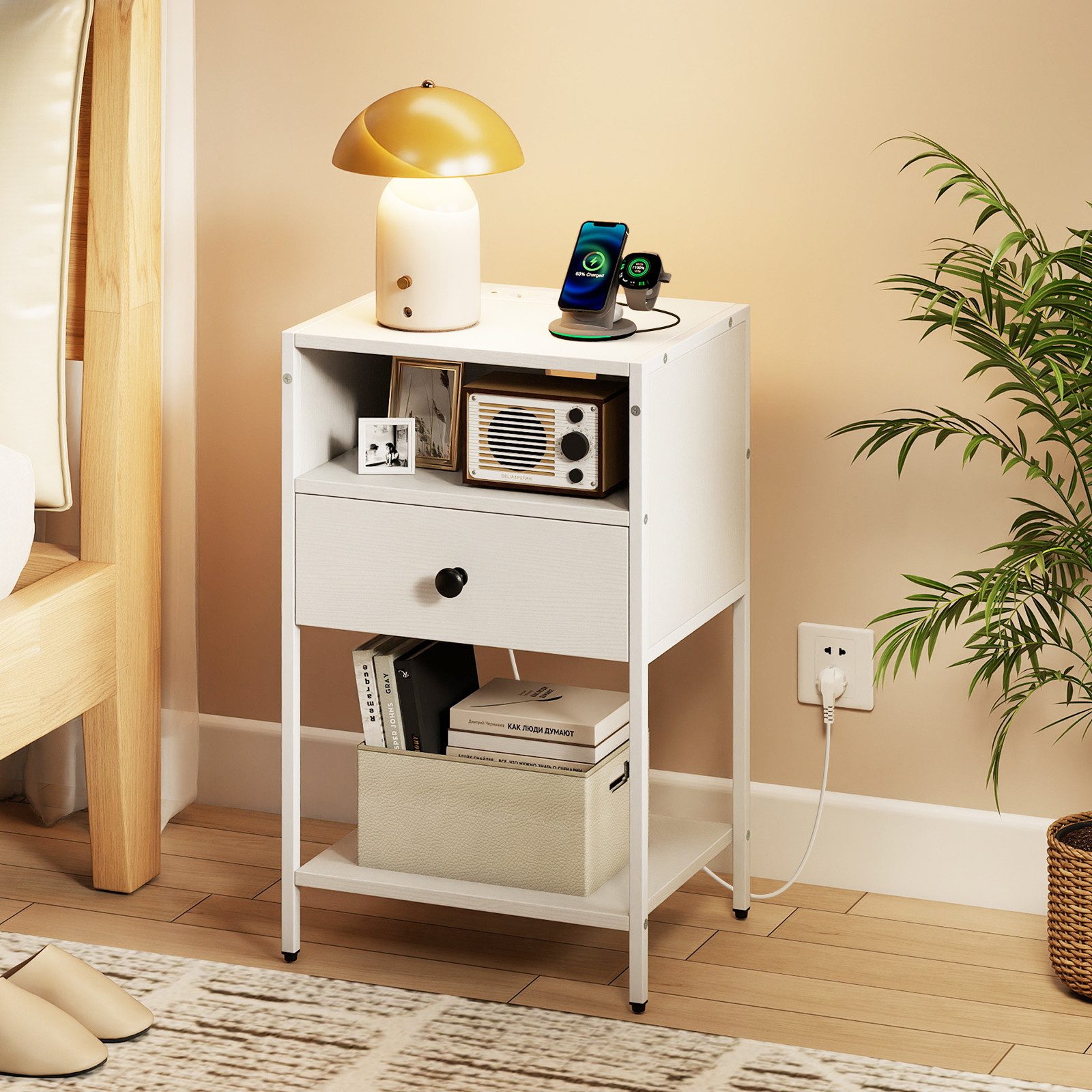 COSTWAY Nachttisch (1-St), Beistelltisch mit Ladestation, Sofatisch mit Schublade