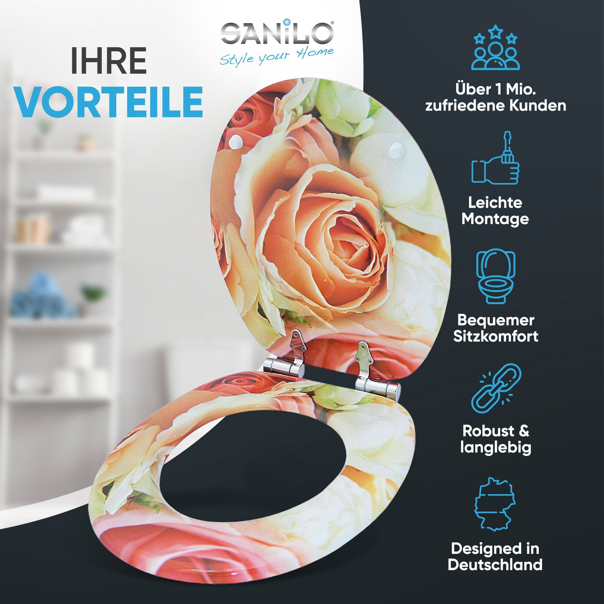Sanilo WC-Sitz Rosa Rose mit Absenkautomatik, Toilettendeckel direkt vom Hersteller, hochwertig & moderner Klodeckel mit Motiv, universell, leichte Montage