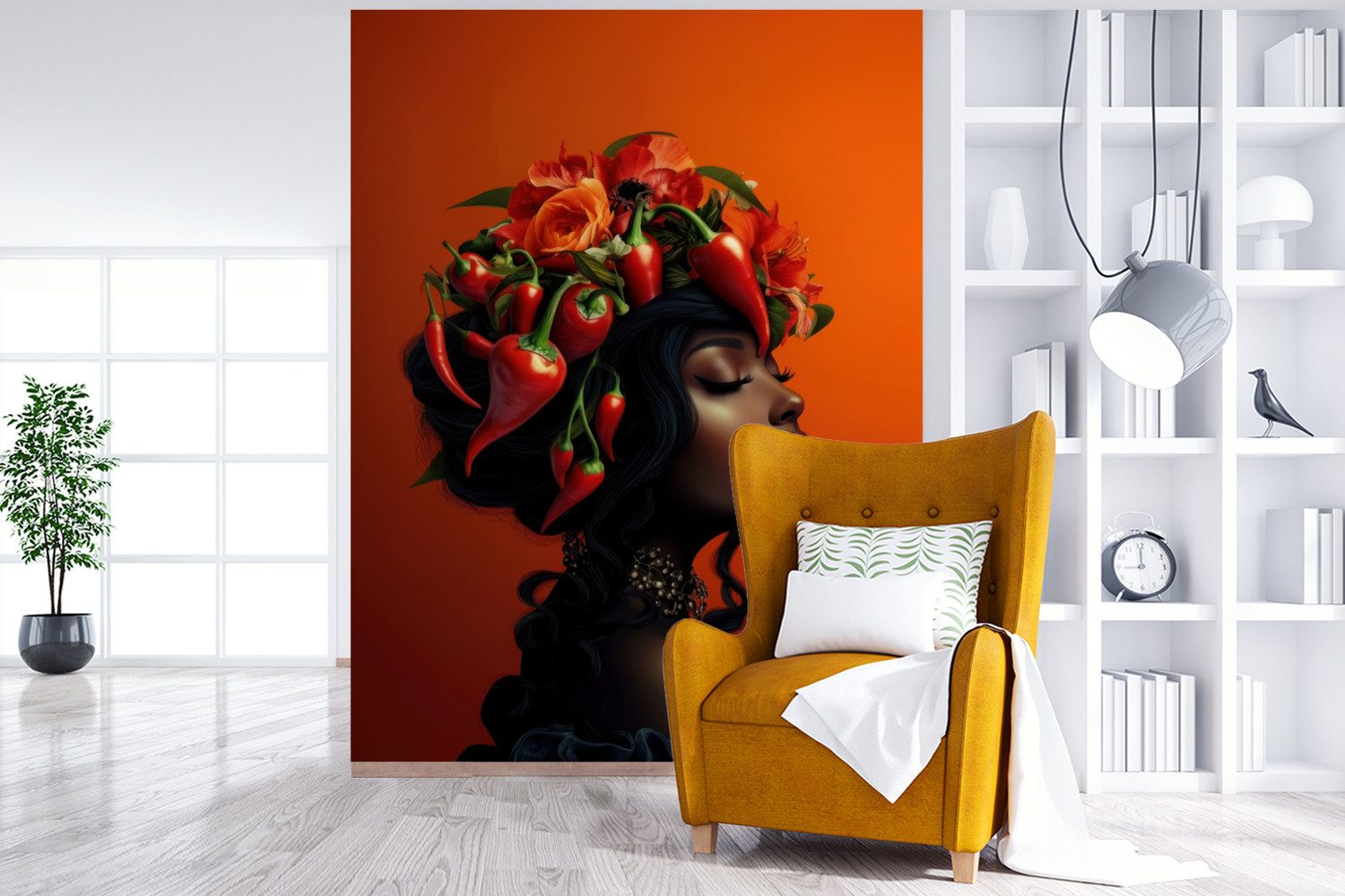MuchoWow Fototapete Frau - Chilischoten - Blumen, Matt, bedruckt, Wallpaper für Wohnzimmer, Schlafzimmer, Vinyl Tapete, 195x260 cm