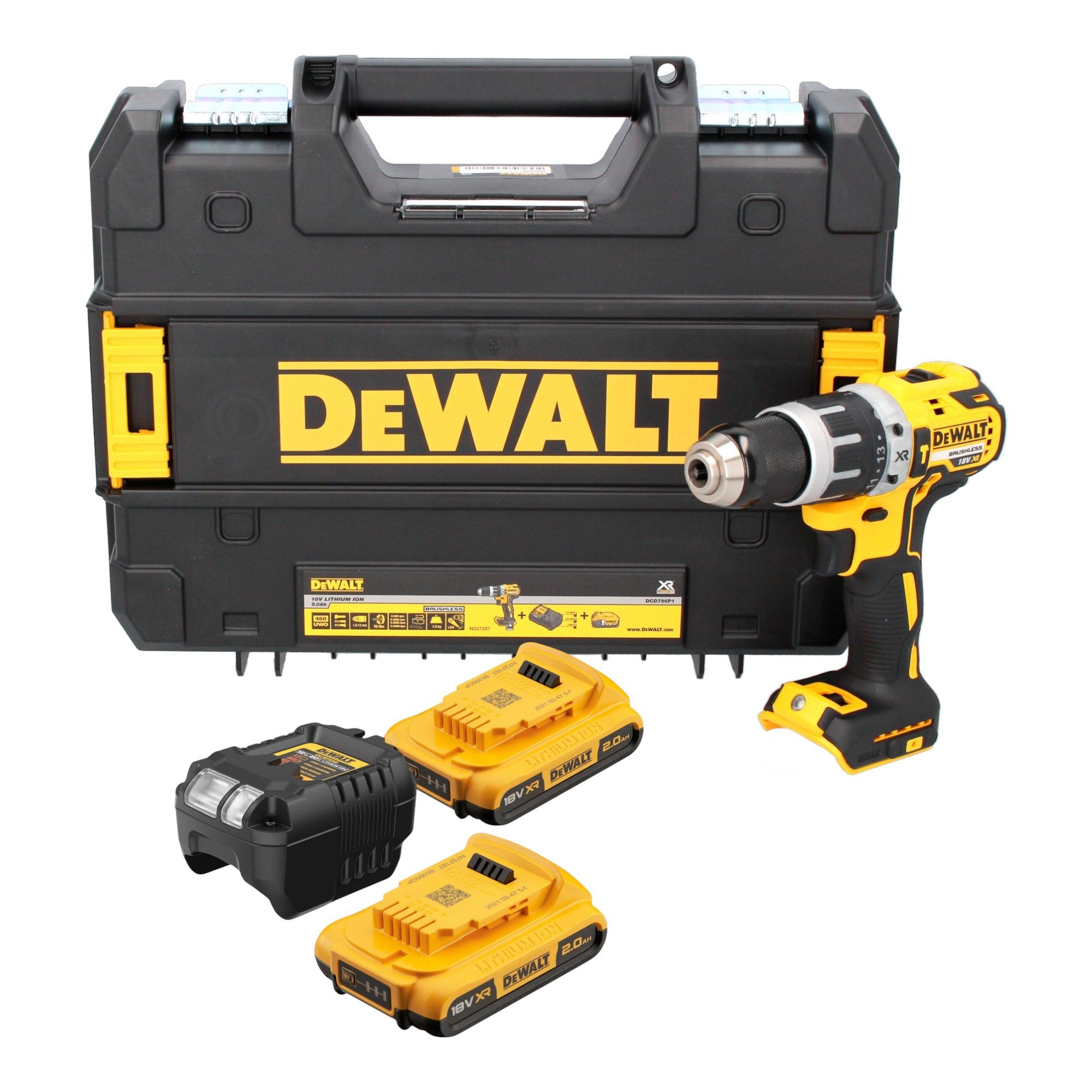 DeWalt Schlagbohrmaschine DCD 796 D2T 18 V 70 Nm Brushless + 2x Akkus 2,0 Ah + Ladegerät + TSTAK