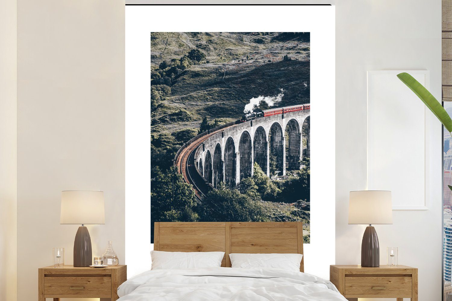 MuchoWow Fototapete Schottland - Zug - Brücke, Matt, bedruckt, (3 St), Montagefertig Vinyl Tapete für Wohnzimmer, Wandtapete