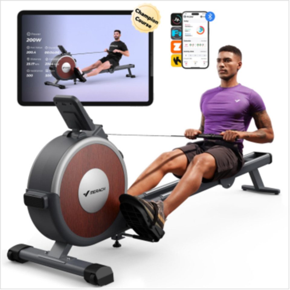 MERACH Rudergerät Magnetisches Bluetooth Rudergeräte mit 16 Widerstandsstufen (Leises Rudergeräte für Zuhause mit Exklusiver APP, LCD-Datenanzeige, Einfacher Aufbau), Upgrade Doppel-Slide-Rails, Die Erste Wahl für Heimfitness