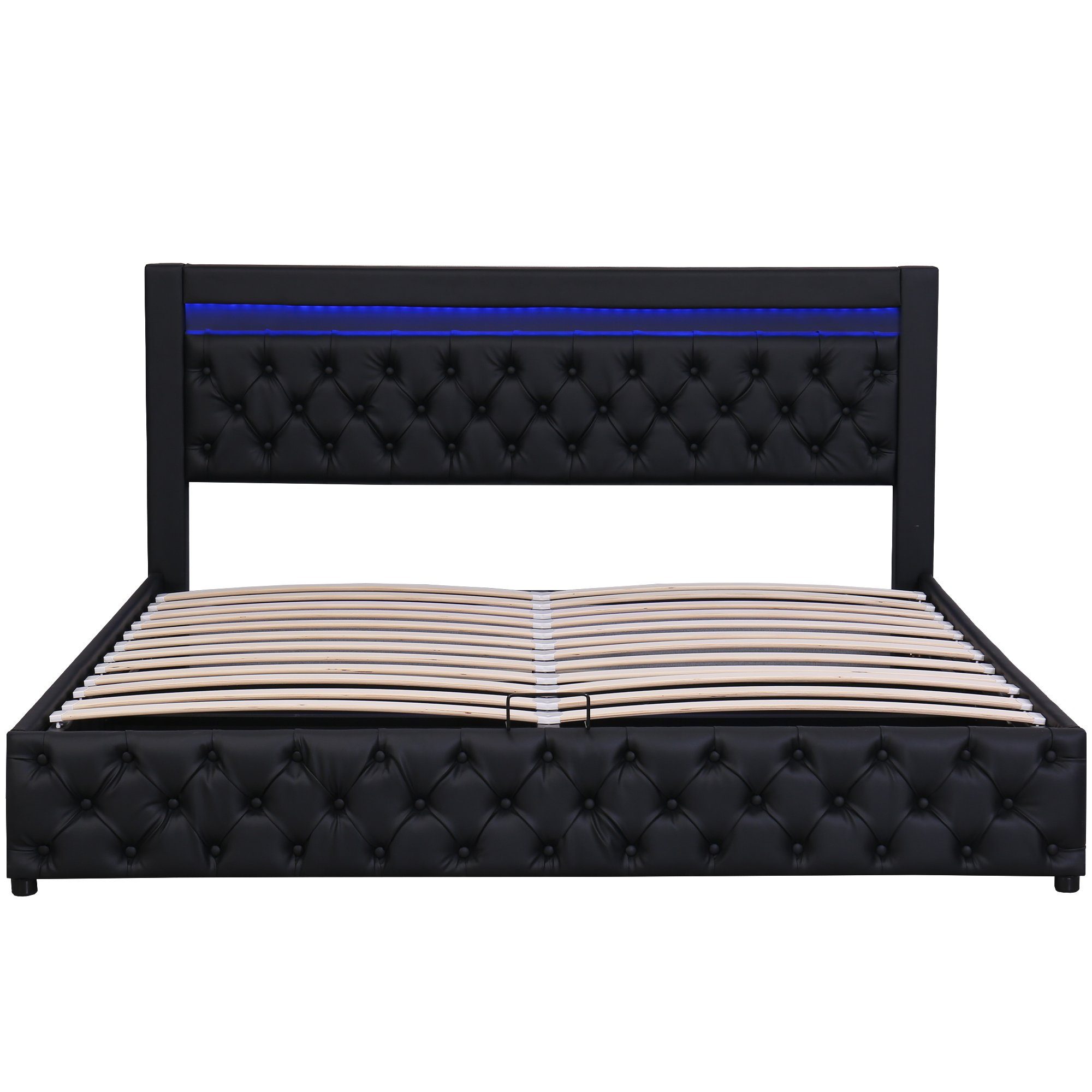 Boxspringbett (Hydraulisches Bett 180x200cm mit Bettkasten), Polsterbett mit LED-Beleuchtung, Kunstleder, weiches Kopfteil