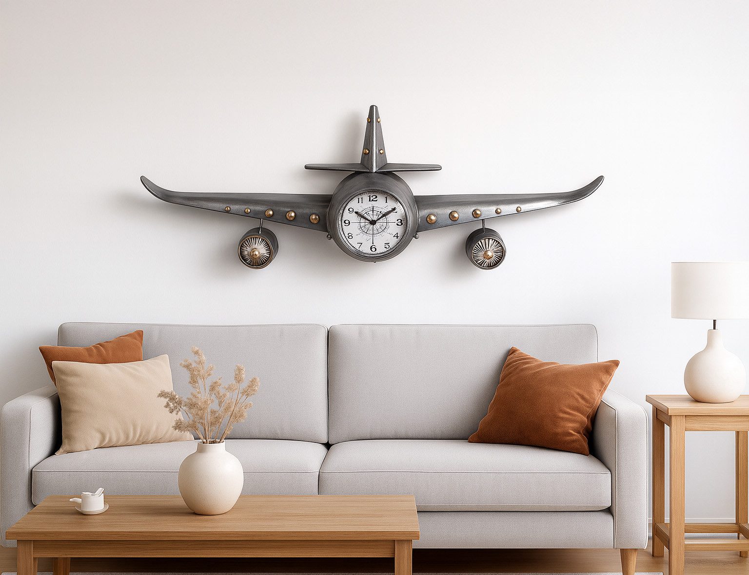 formano Wanduhr Metall Wanduhr Flugzeug 142 x 50cm 3D Metall Uhr Silber XXL Dekoration