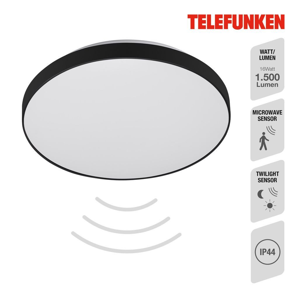 Telefunken LED Deckenleuchte 318405TF, Tageslichtsensor, LED fest integriert, 2700K - Extra-Warmweiß, mit Sensor, Dauerlichtfunktion, weiß-schwarz, IP44, 29 cm