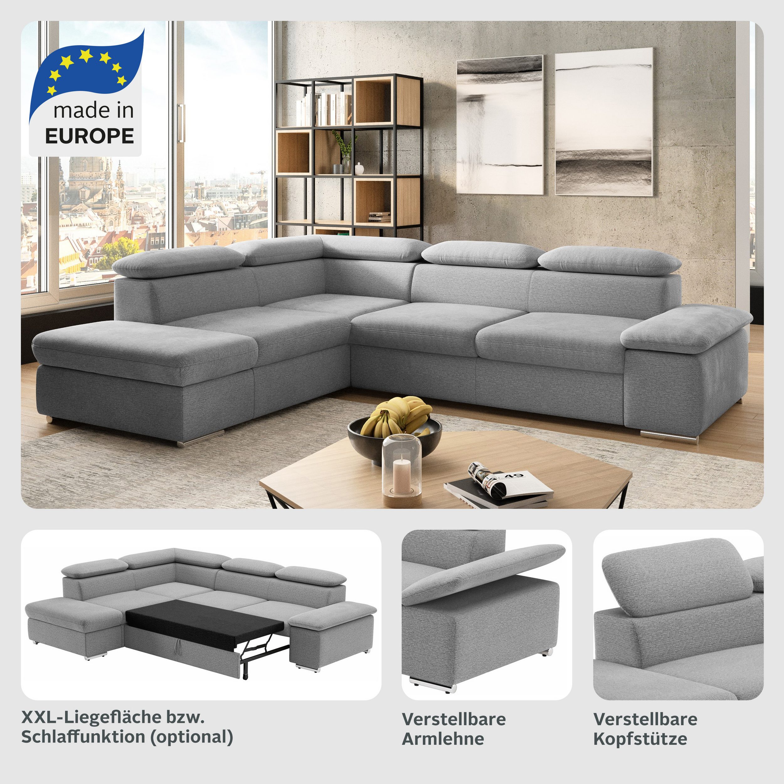SIT&MORE Ecksofa VALENTINE, L-Form, Armteil- & Kopfteilverstellung - Einrichtungsbeispiel