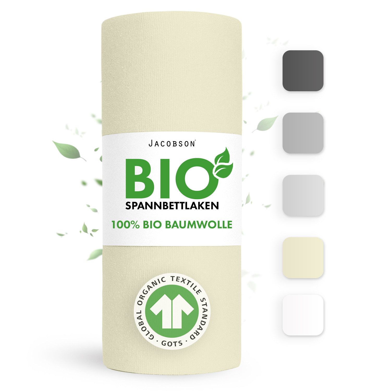 Jacobson Spannbettlaken BIO, Jersey Spannbetttuch, Bettlaken 160 g/m², 100% BIO-Baumwolle, Gummizug: rundum, GOTS zertifiziert