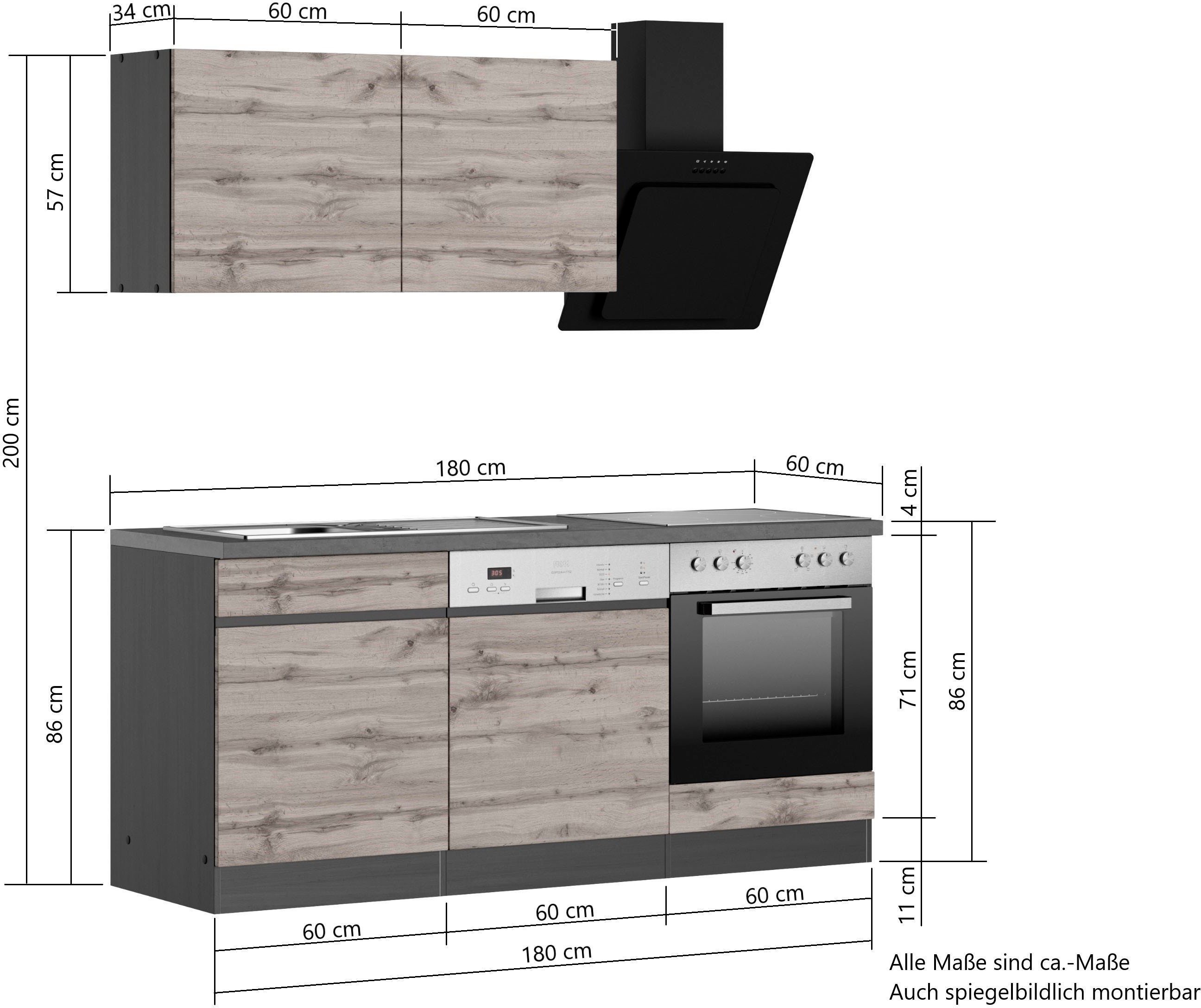 KOCHSTATION Küchenzeile KS-Riesa, Stellbreite 180 cm, wahlweise mit oder ohne E-Geräte