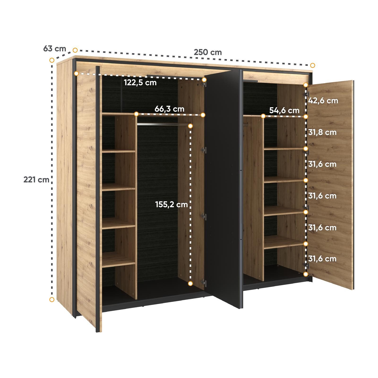 HAUSELEMENT Kleiderschrank QUANT QS-05 LED-Beleuchtung 250 x 221 cm Drehtürenschrank Spiegel 4 Türen Schrank