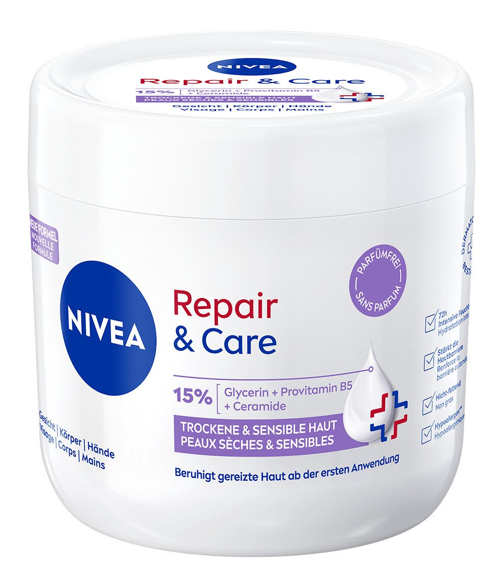 Nivea Tagescreme Repair & Care Creme-Tiegel Parfümfrei 400ml, 2-tlg., angereichert mit 15% Glycerin, Provitamin B5 und Ceramide