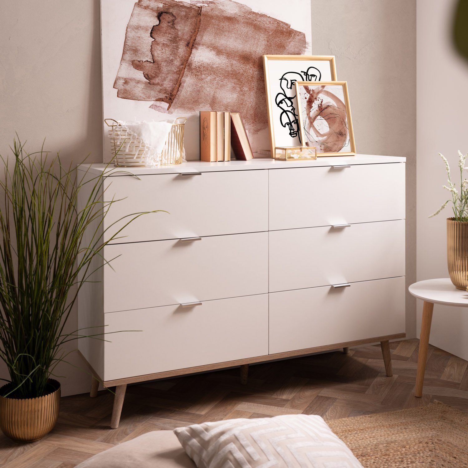 Homestyle4u Kommode Sideboard Weiß Holz Schlafzimmerschrank 6 Schubladen Holzfüße