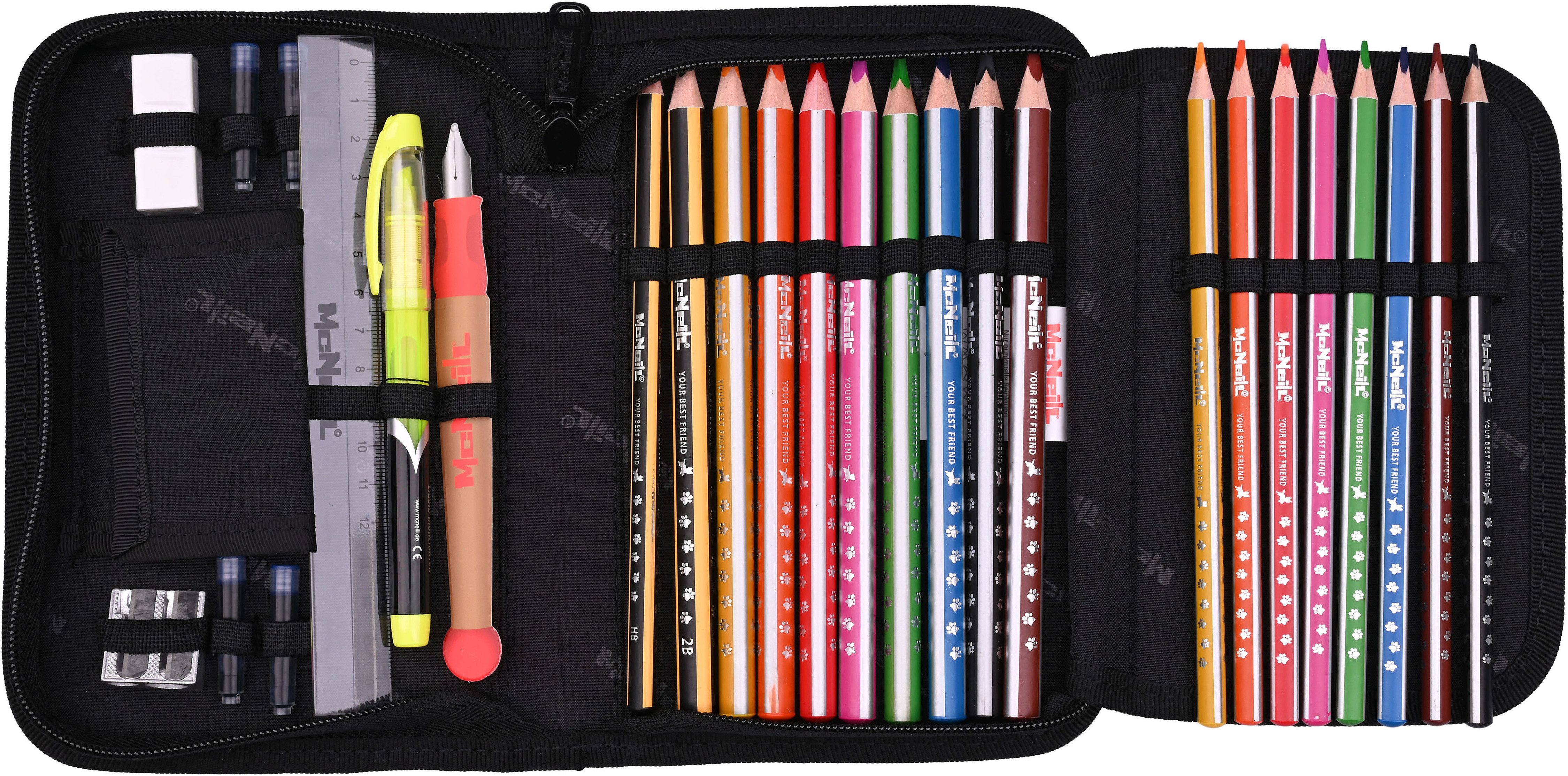 McNeill Schulranzen Primo, inkl. Etui, Turnbeutel, (Set, 9-tlg., Schlamperrolle, Trinkflasche, Lunchbox, 2 Magnete & 1 Anhänger)
