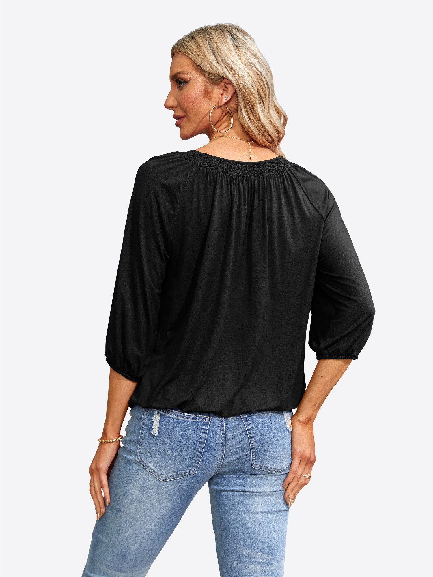 Imily Bela T-Shirt Damen 3/4-Ärmel Plissierte Bluse (Packung, 1-tlg., 1per-Pack) Rundhals