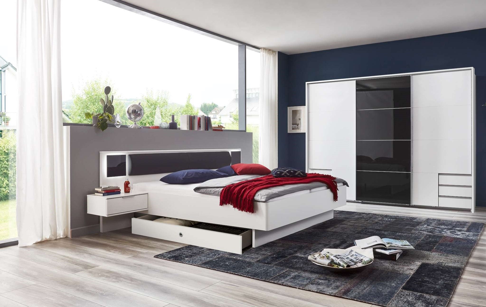 Stylefy Schlafzimmer-Set Veneto II Weiß Graphit, (Komplett Schlafzimmer, Set  (2-St), 1xSchwebetürenschrank und 1xFutonbett, mit viel Stauraum, aus  Holzwerkstoff, inkl. LED-Beleuchtung, mit Bettkasten
