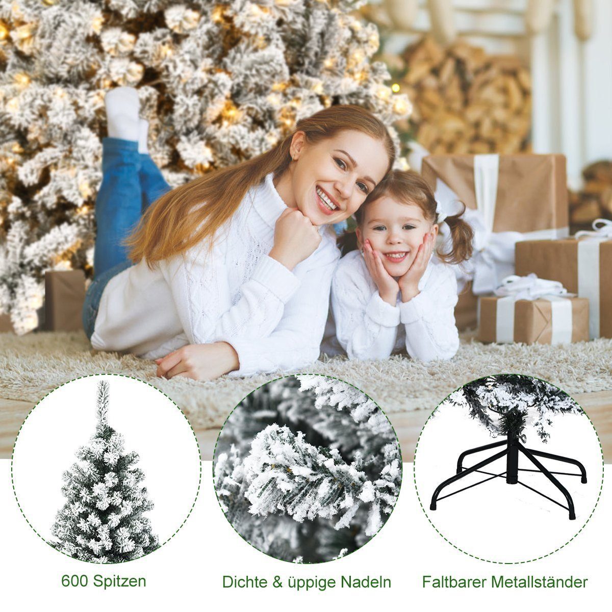 COSTWAY Künstlicher Weihnachtsbaum mit Schnee, 180cm, 600 Spitzen, 250 LED
