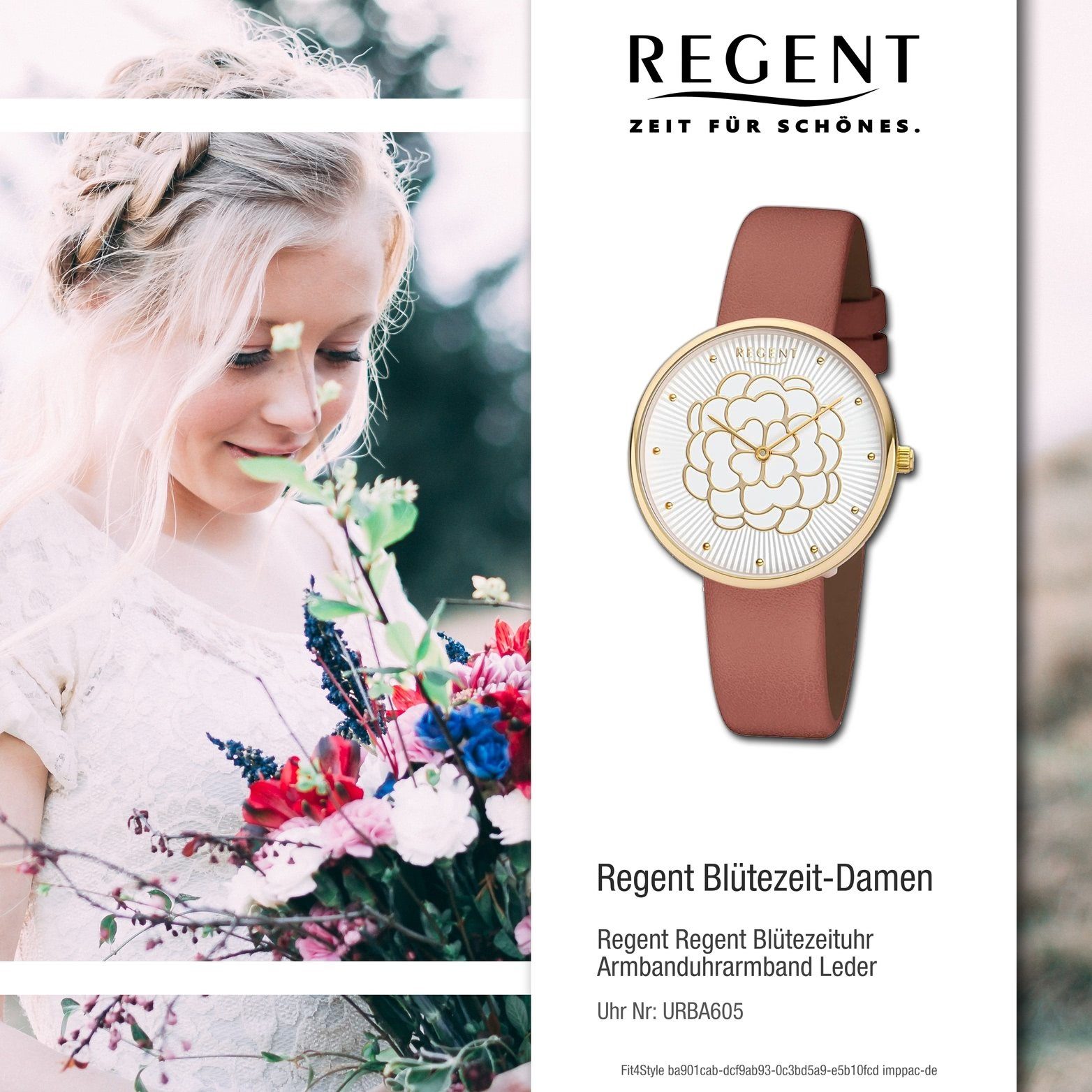 Regent Quarzuhr Regent Leder Damen (ca. braun, Gehäuse, Uhr Lederarmband Armbanduhr, 36mm) mittel BA-605 Damenuhr rundes