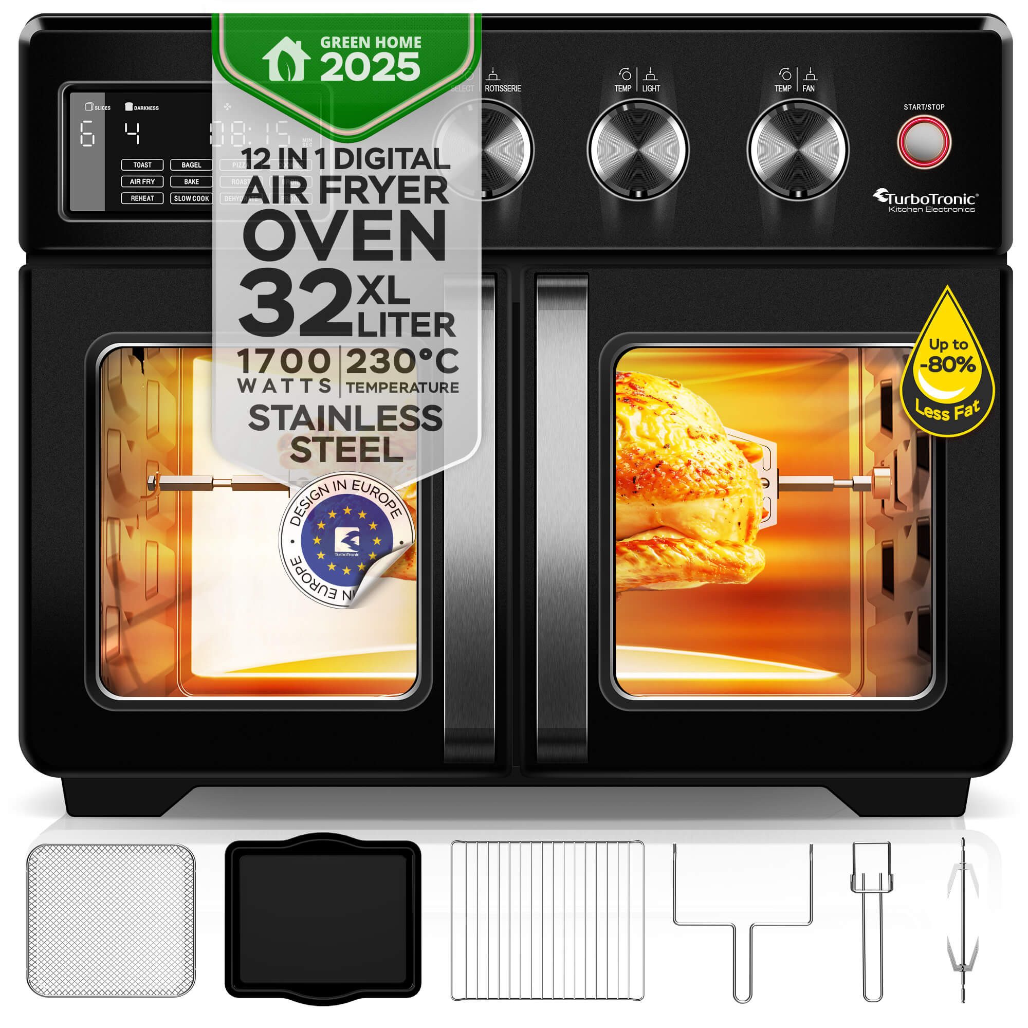 TurboTronic by Z-Line Minibackofen 1700 W, 32 l Mini Backofen mit Airfryer, Umluft, Drehspieß, Pizzaofen, Tischbackofen, kleiner Backofen, Heißluftfritteuse, Toaster, Dörrer
