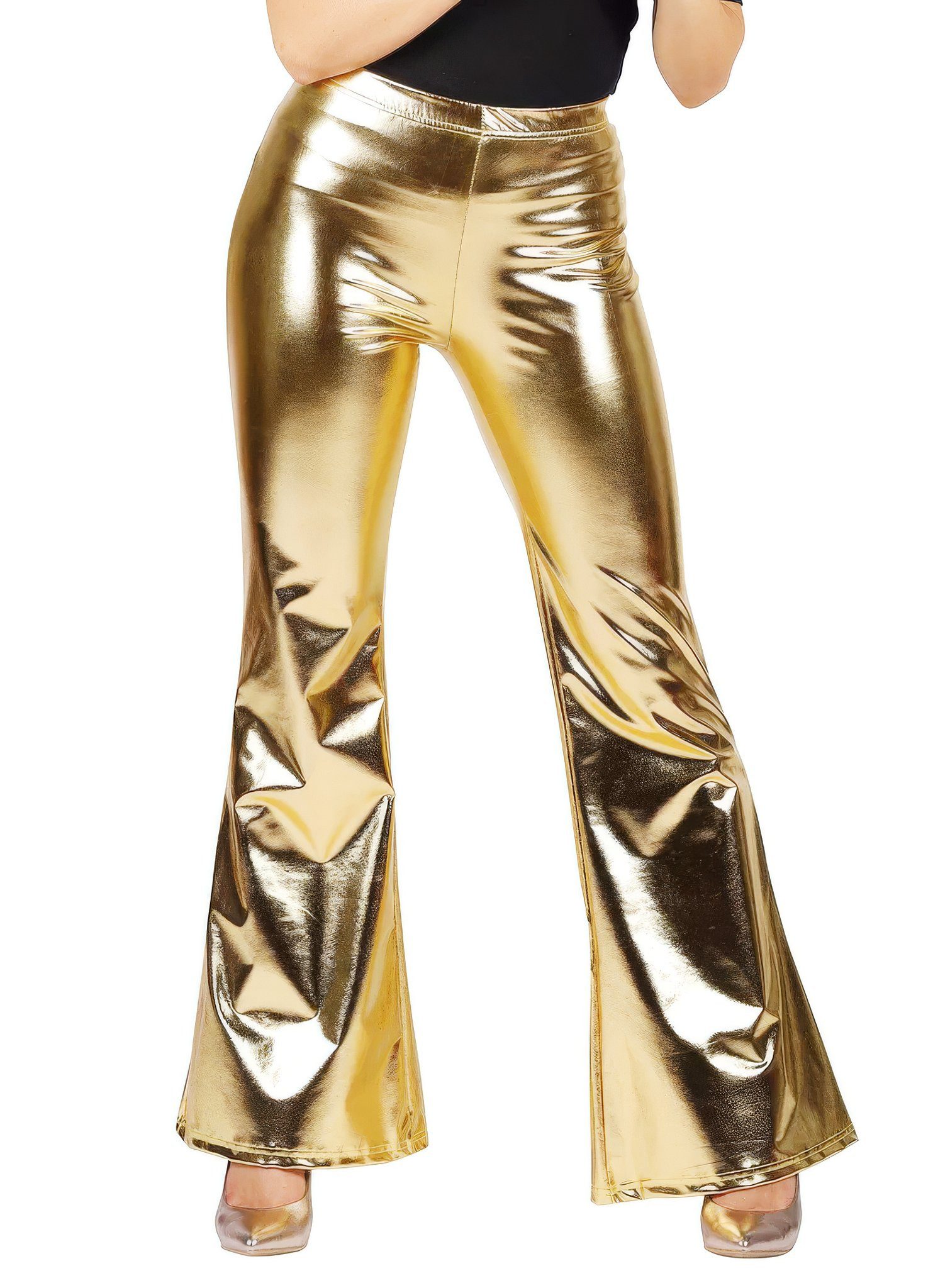 thetru Kostüm Disco Leggings für Damen gold, 70er Jahre Schlaghose mit Metallic-Schimmer