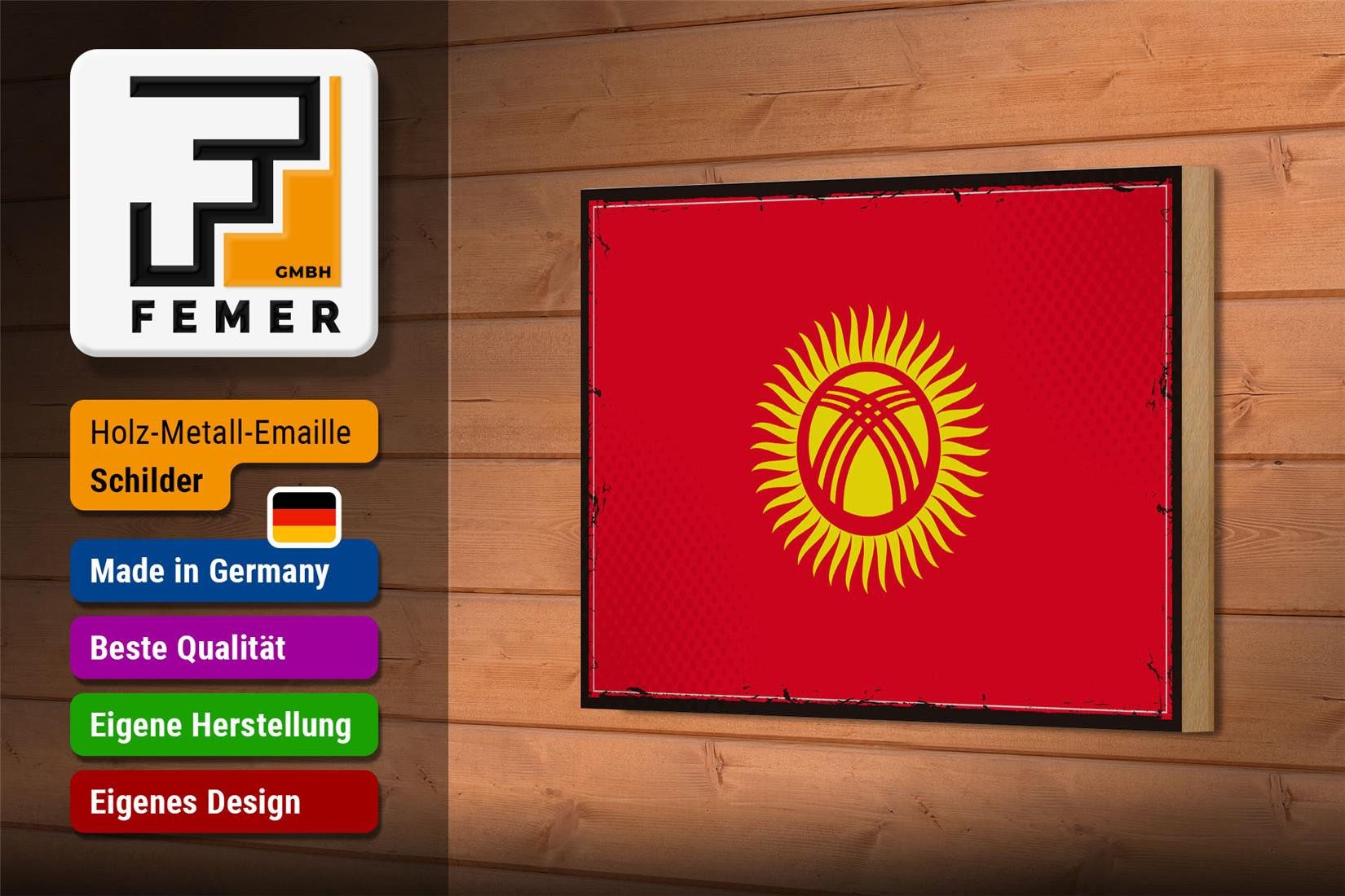 Femer GmbH Holzbild Flagge Kirgisistans 18x12 cm Retro Kyrgyzstan, Flaggen (1 St), Glatte Holzfaserplatte (MDF), vorn beschichtet