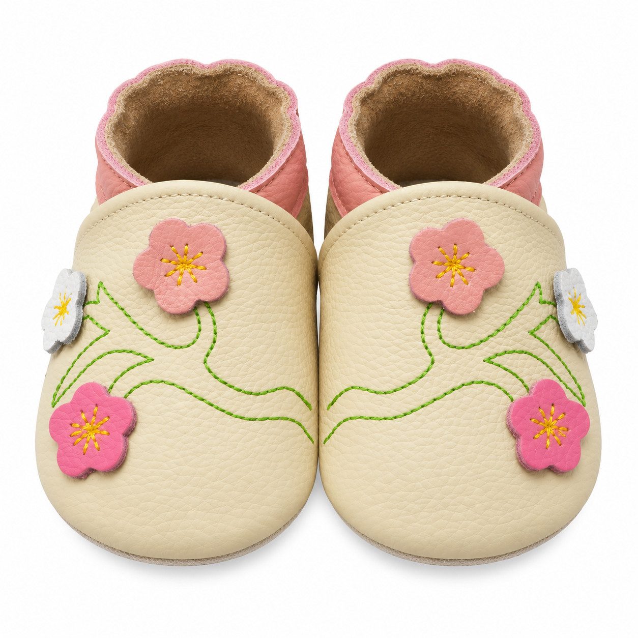 Yalion Baby schuhe aus 100 % Leder Beige mit 3 Blumen Krabbelschuh