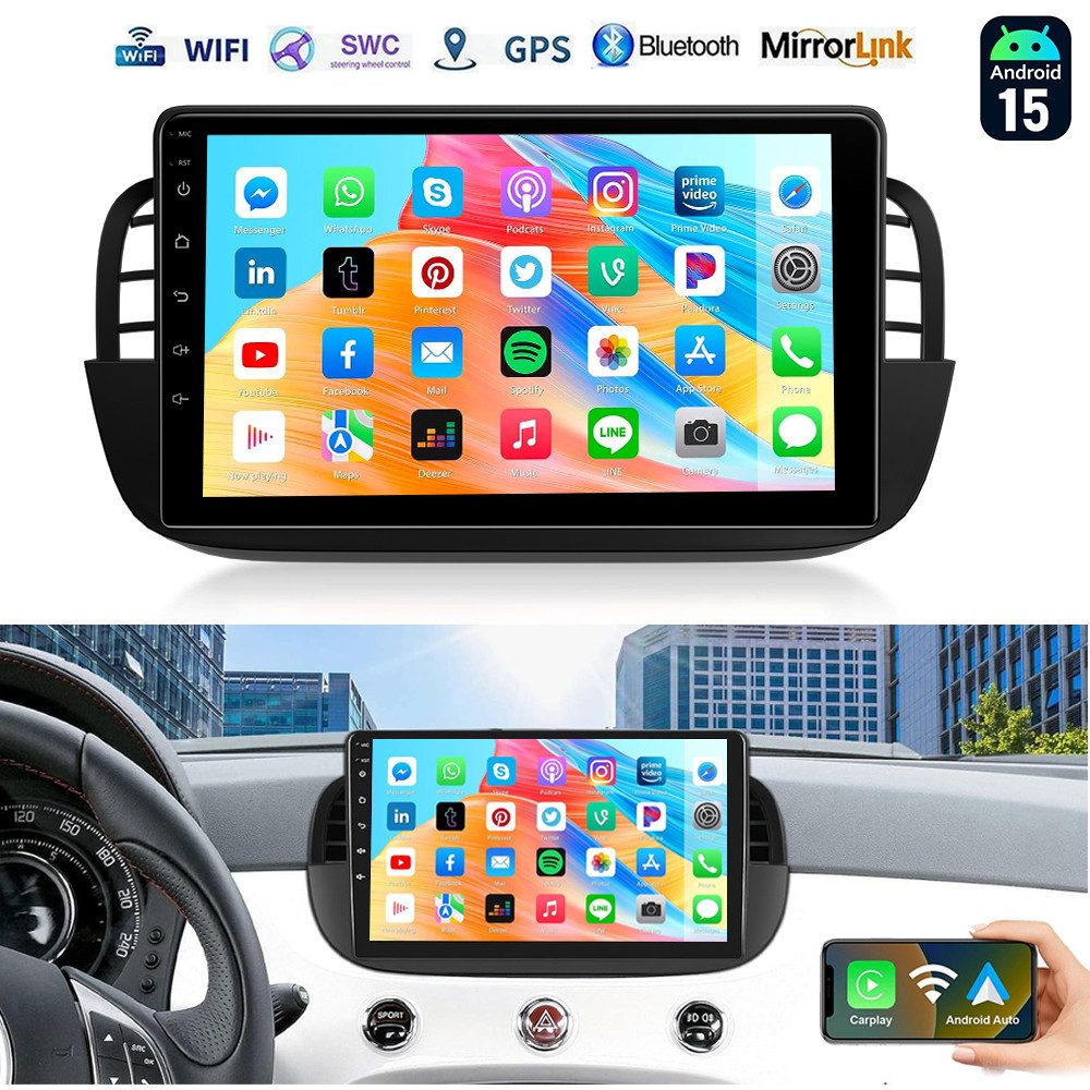 ESSGOO 9'' DAB+ Autoradio 2DIN Für Fiat 500 07-15 Android 15 Carplay GPS NAVI Autoradio (RDS, 4+64GB(optional), Digitalradio (DAB), DAB (optional), FM, GPS, SWC, Apple Carplay Android Auto GPS Navi WIFI BT EQ)