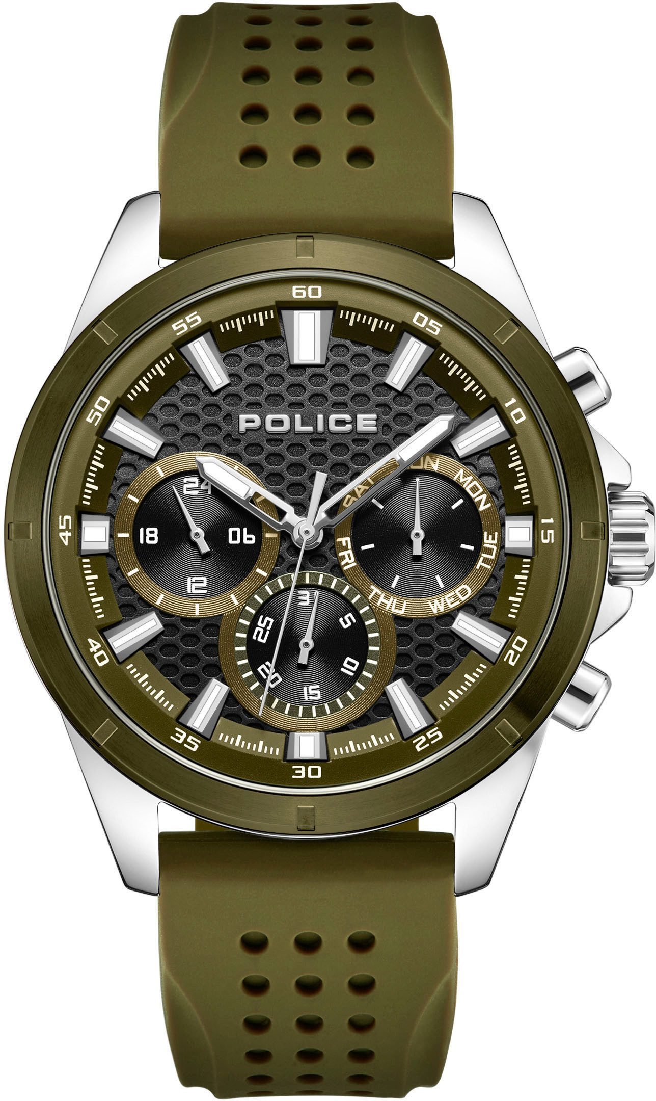 Police Multifunktionsuhr MOTION PEWJQ2204111, Quarzuhr, Armbanduhr, Herrenuhr, Silikonarmband, analog, Wochentag