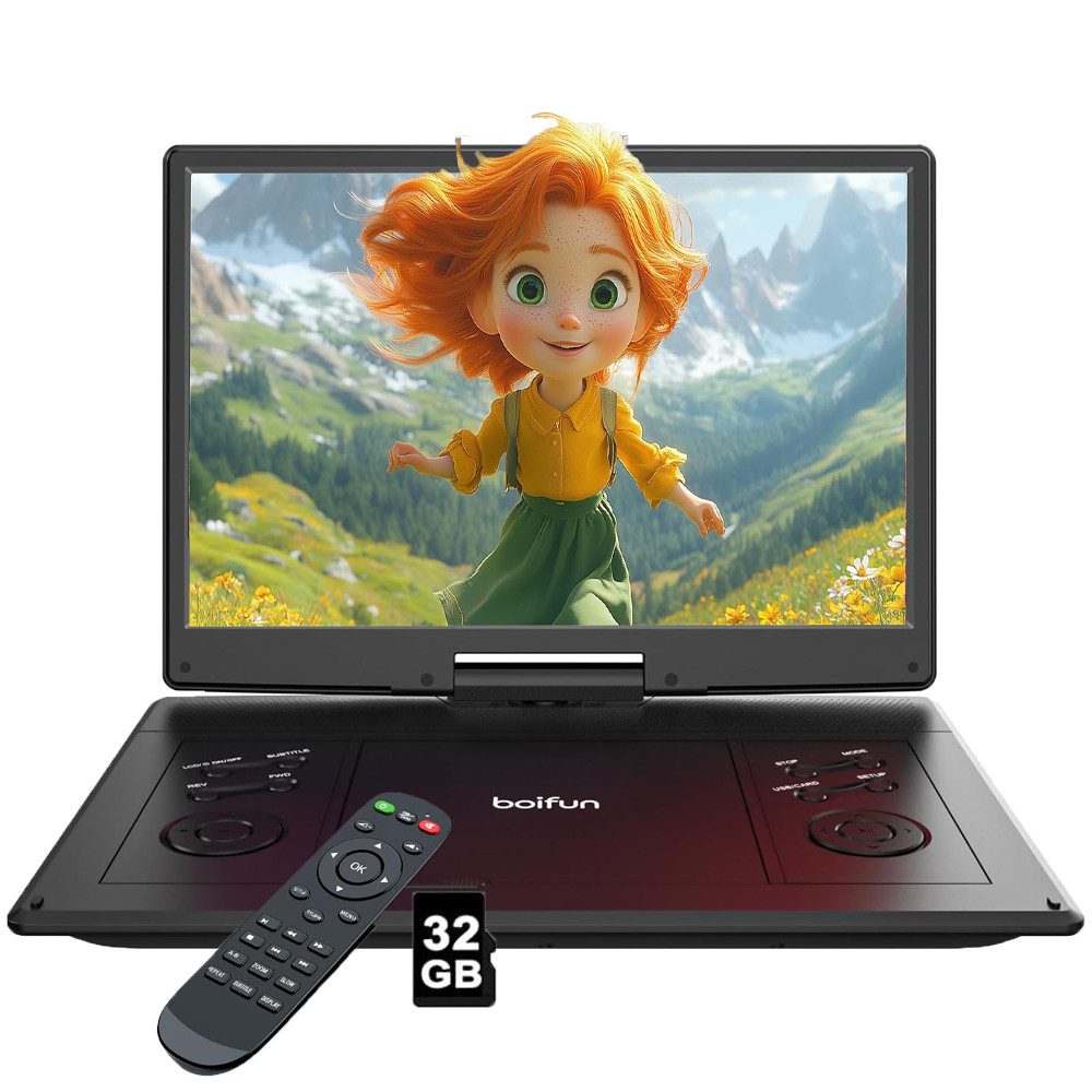 Boifun 15,7" Tragbarer DVD Player mit 14,1 Zoll HD Schwenkbaren Bildschirm Portabler DVD-Player (1366*768 resolution, unterstützt alle Regionen, mehrere Regionen, mehrere Disc-Formate, 32 GB Festplatte, Unterstützt FM-Transmitter, Sync-TV, USB, TF-Karte)