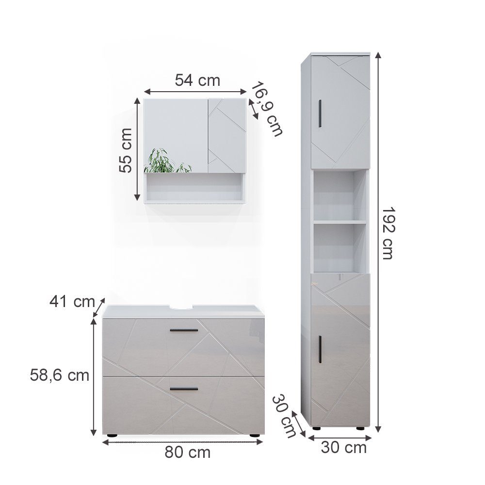 Vicco Badmöbel-Set Irma, Weiß Hochglanz, 3 Teile, mit Schubladenschrank und Hochschrank, (3-St., 3er Set)