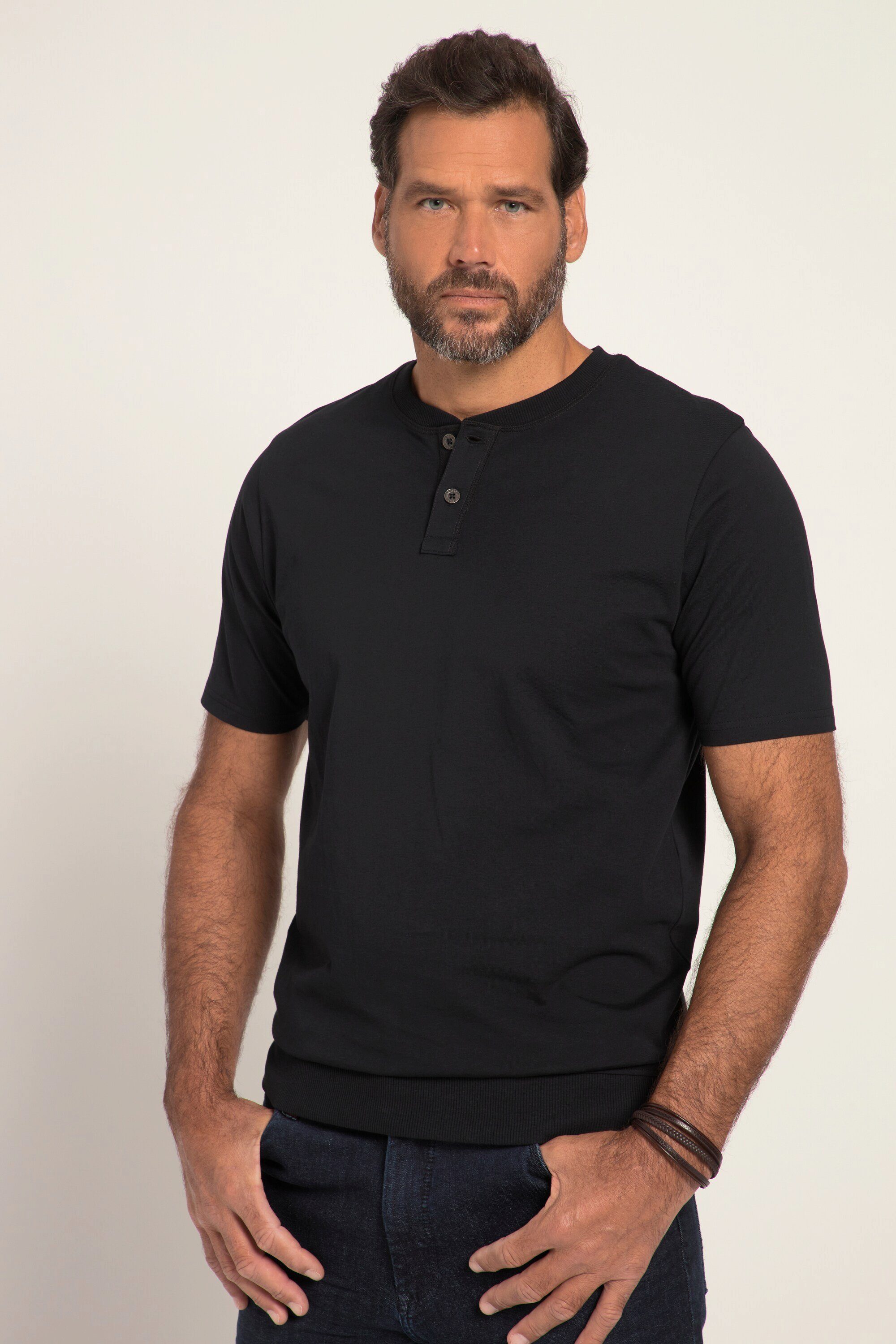 XL T-Shirt Bauchfit bis Rundhals Halbarm JP1880 Henley 8 schwarz