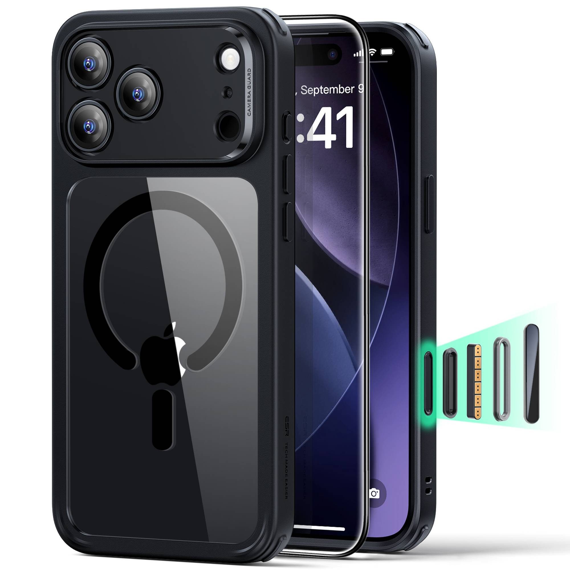 ESR Handyhülle Set aus Classic Hybrid HaloLock Case & Tempered-Glass, Kamerasteuerung Taste, 1,5kg Magnetkraft, gehärtetes Glass