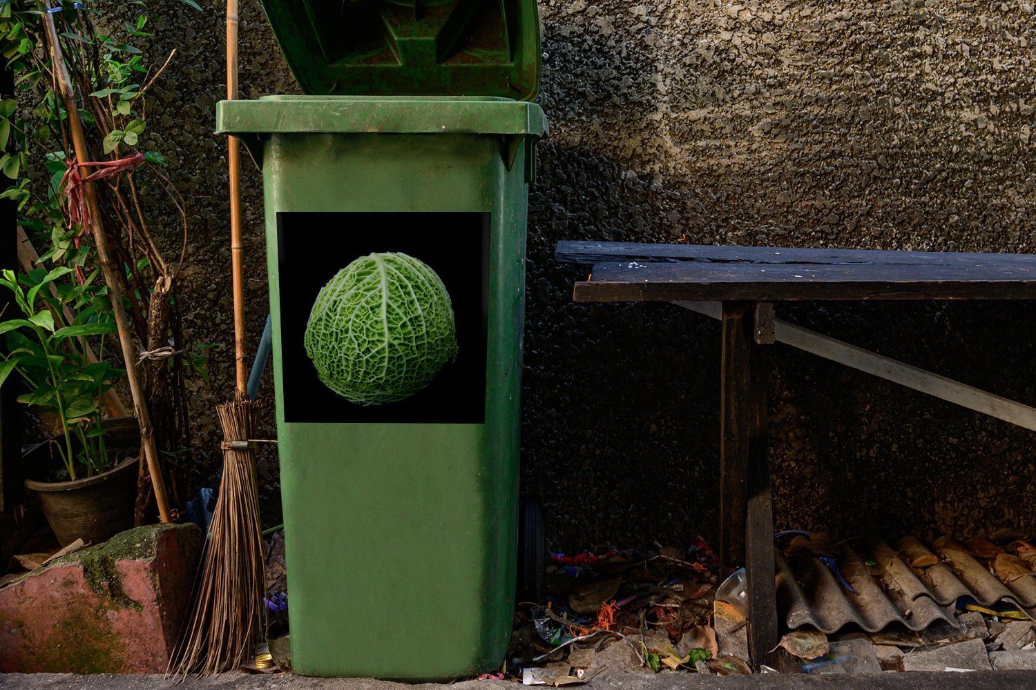 Container, Wandsticker Ein Sticker, auf Kohlkopf Mülleimer-aufkleber, schwarzem St), Abfalbehälter (1 Hintergrund Mülltonne, MuchoWow