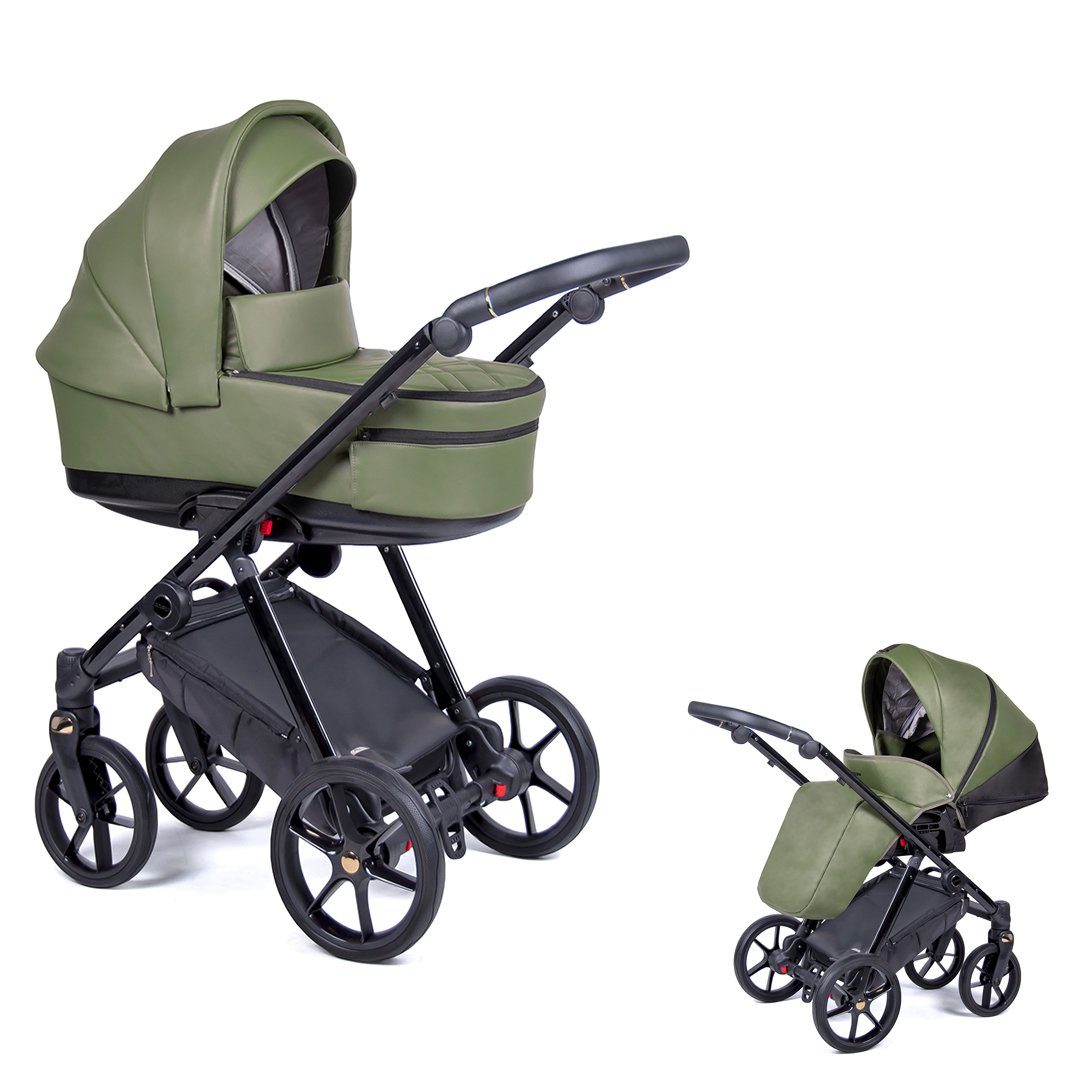 babies-on-wheels Kombi-Kinderwagen 2 in 1 Kinderwagen-Set Axxis Premium - 14 Teile - in 12 Designs Dunkelgrün = Gestell schwarz