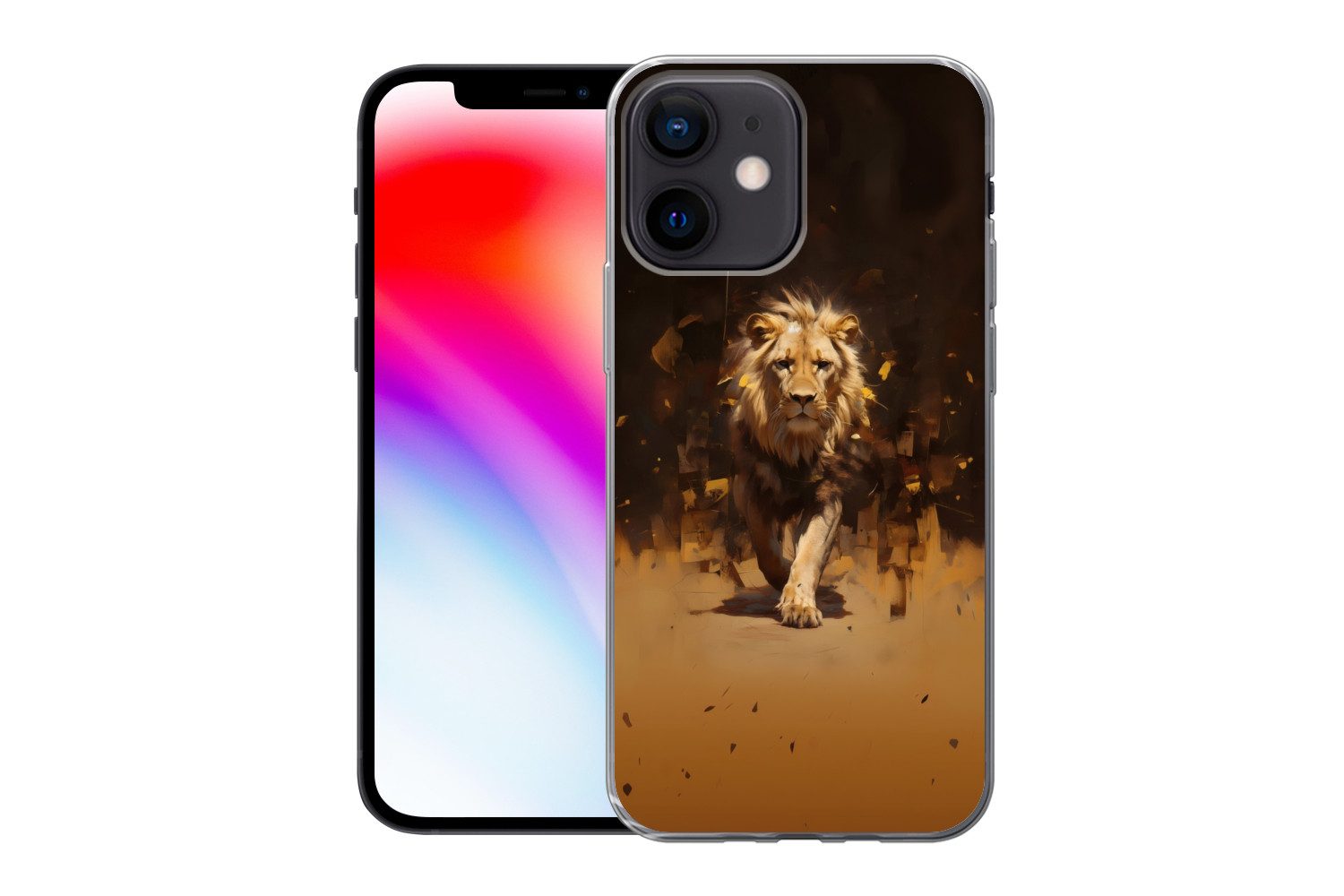MuchoWow Handyhülle für Apple iPhone 12 Mini Löwe - Gemalt - Abstrakt - Gold, Smartphone-Bumper, Print, Handy Schutzhülle Dünn