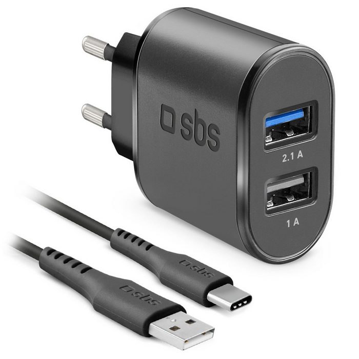 sbs SBS USB Ladegerät 2100 mAh 1x USB 2.1A 1x USB 1A mit Typ C Kabel 1 Meter schwarz - Intelligente Ladesteuerung USB-Ladegerät